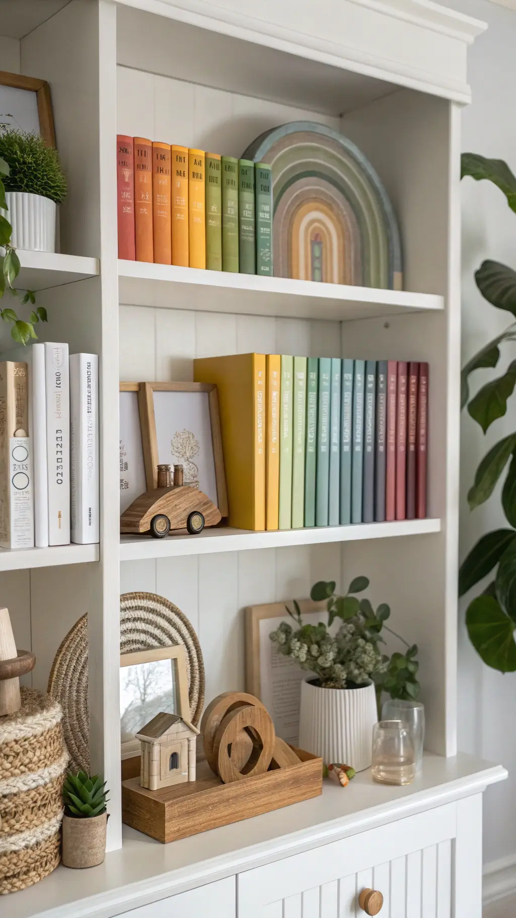 Close-up of a styled white bookshelf with color-coordinated books, wooden toys, and metallic-accented decor. Soft natural backlighting highlights picture frames and greenery. A curated and educational aesthetic.