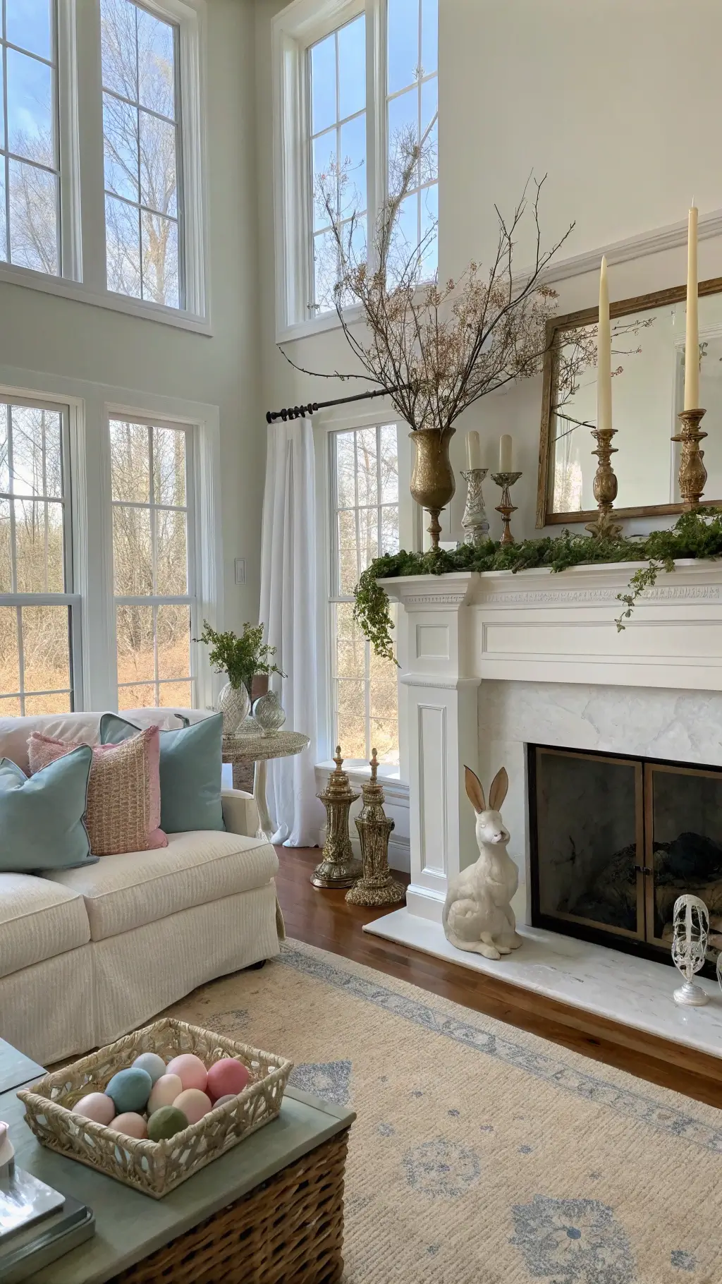 A sunlit living room with large bay windows and a white mantel adorned with a vintage-style ceramic bunny, brass candlesticks with pink tapers, moss-covered eggs, and cherry blossoms. A cream linen sofa with robin's egg blue pillows sits nearby, bathed in soft morning light.