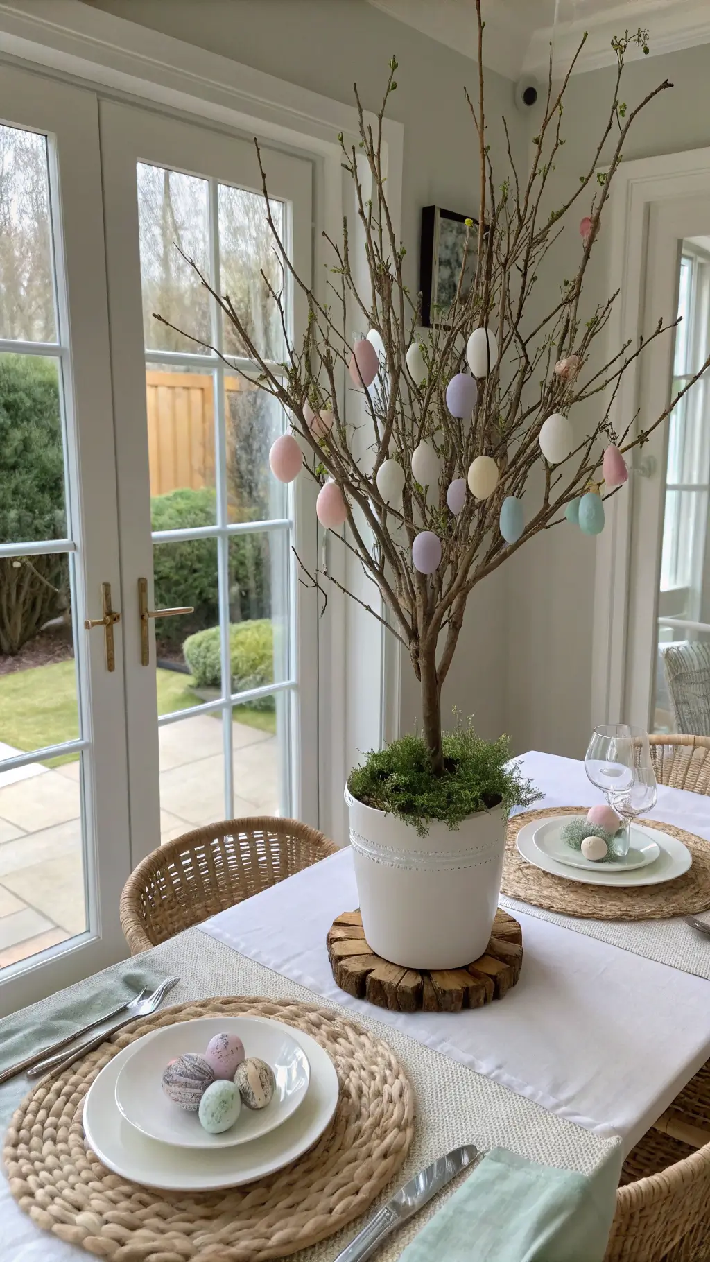 Intimate dining space with golden hour light, featuring a 30-inch Easter egg tree centerpiece in a white ceramic pot. Silver birch branches hold hand-painted pastel eggs in mint, blush, and lavender. A white linen tablecloth and woven placemats add texture. French doors open to a garden in the background.