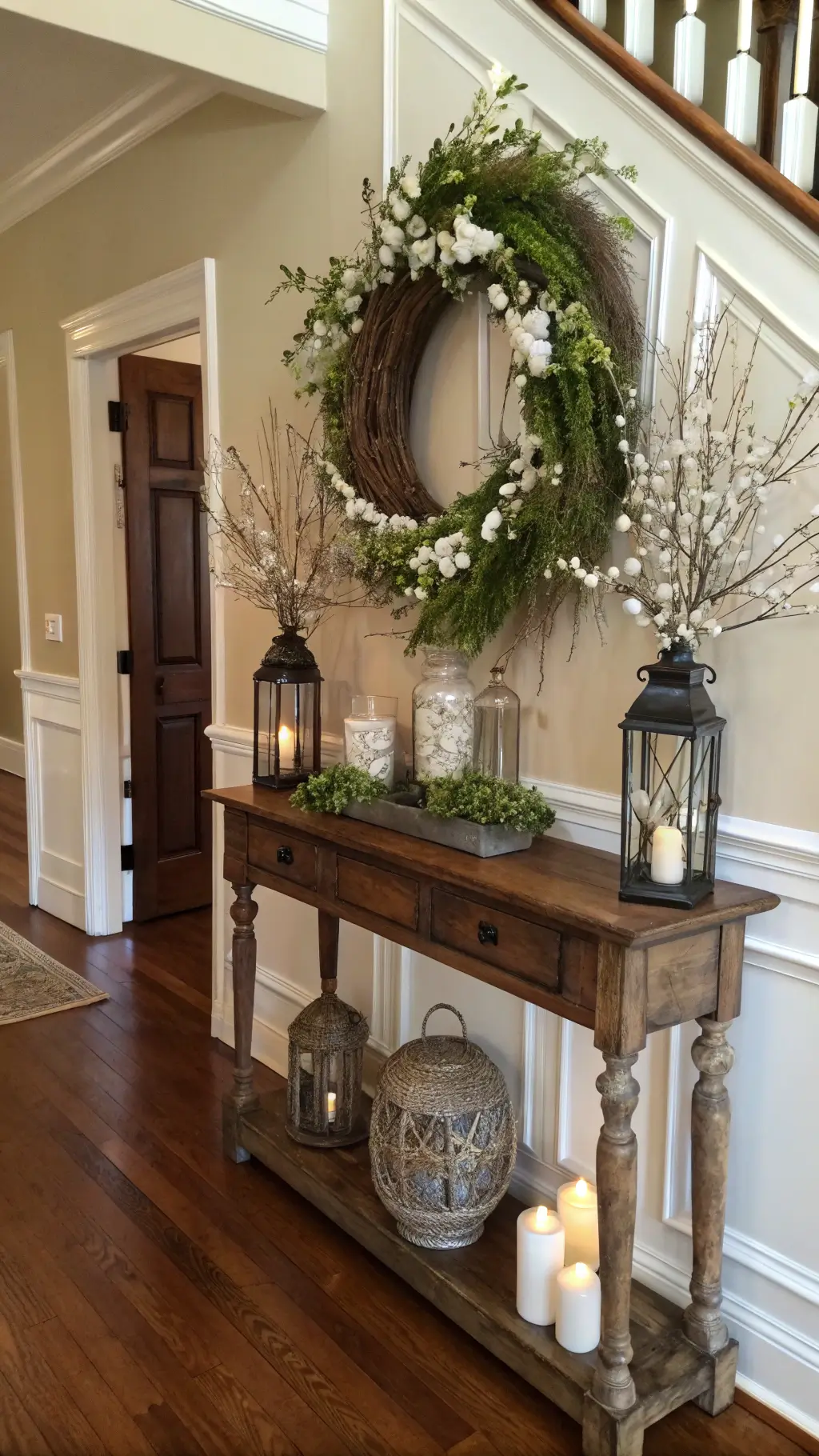 Elegant foyer with hardwood floors and wainscoting, featuring an antique console table adorned with a large spring wreath of white dogwood, baby's breath, and ivy. Mercury glass lanterns with candles flank the display, while metallic eggs nestle in preserved moss below.