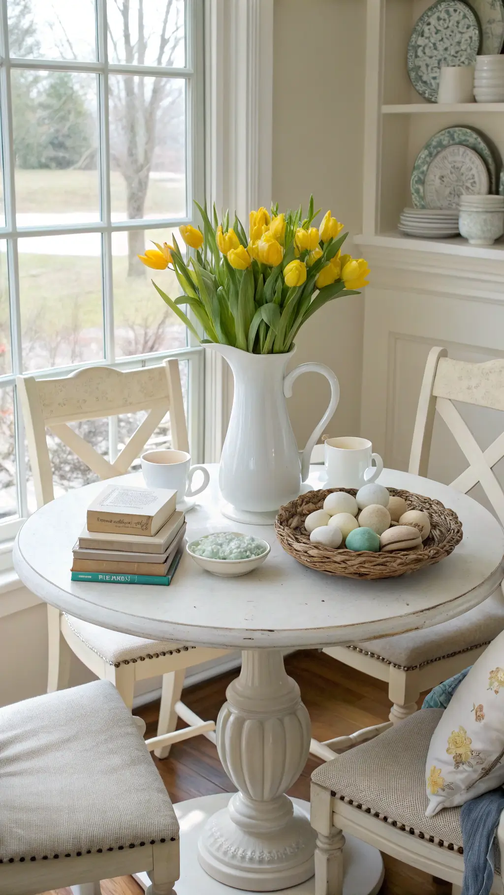 Cozy breakfast nook with a round pedestal table adorned with a white ironstone pitcher of tulips and daffodils atop vintage books. Milk glass vessels hold pastel macarons and speckled quail eggs. Whitewashed chairs with French grain sack cushions surround the scene, lit by soft natural window light.