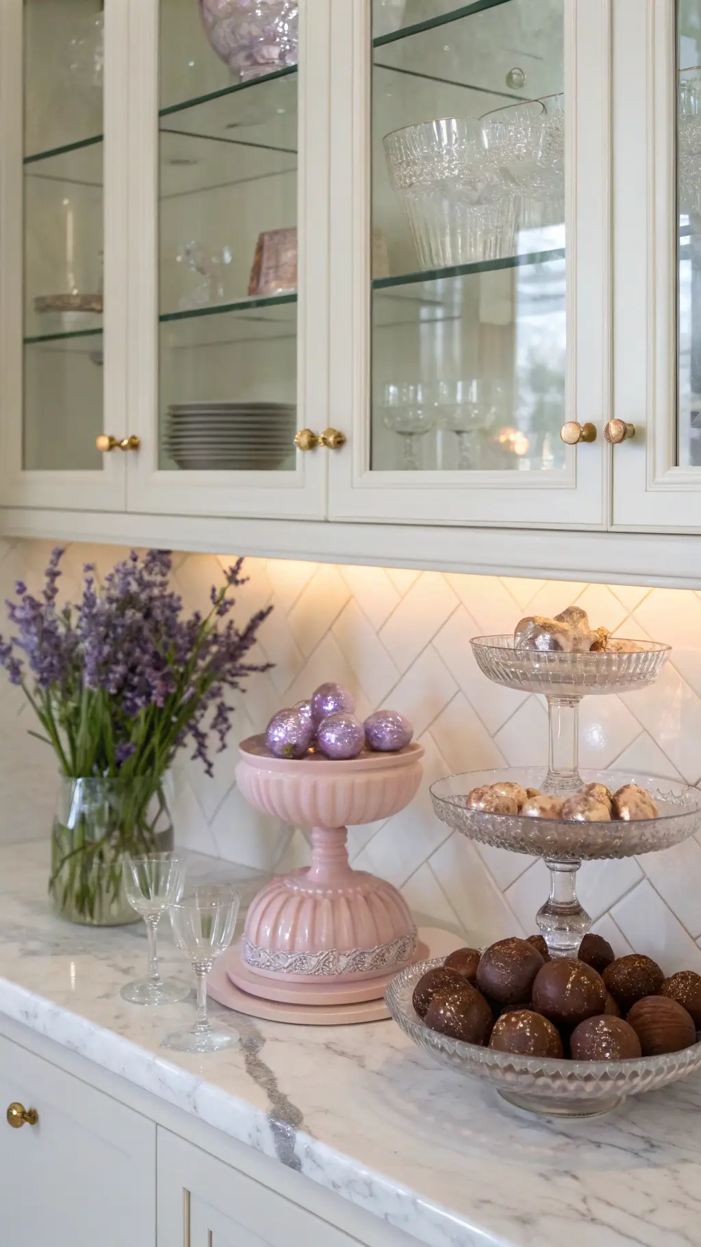 Elegant butler's pantry with glass-front cabinets, displaying crystal cake stands with Easter decorations. Pale pink depression glass holds metallic foil-wrapped chocolate eggs. Fresh lavender sprigs add a natural touch. White marble backdrop reflects soft LED lighting.