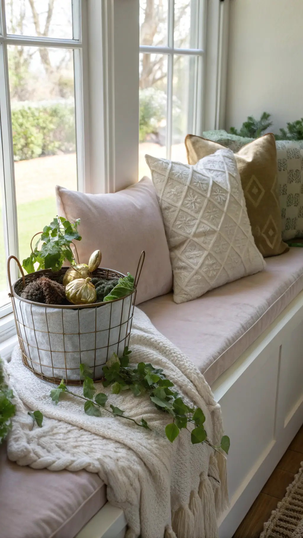 Window seat reading nook bathed in cool morning light. A plush natural linen cushion is adorned with textured blush velvet and cream knit pillows. A vintage wire basket filled with gold foil-wrapped chocolate bunnies rests on fresh moss. A trailing ivy plant in a white ceramic planter adds greenery. Soft side-angle shot captures the cozy atmosphere.