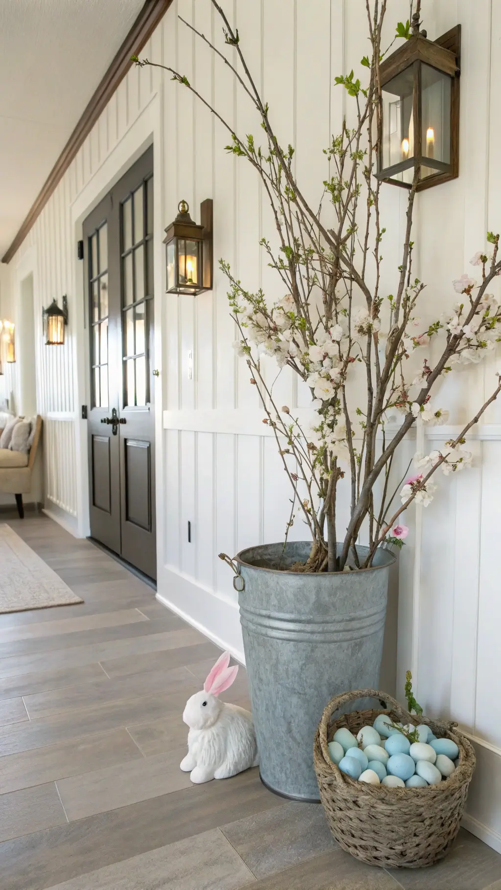 Modern farmhouse entryway with board and batten walls, a large zinc bucket filled with tall cherry blossom branches, and white ceramic bunnies leading to a natural fiber runner with pale blue eggs. Brass sconces provide warm lighting, highlighting the vertical lines and spring textures.