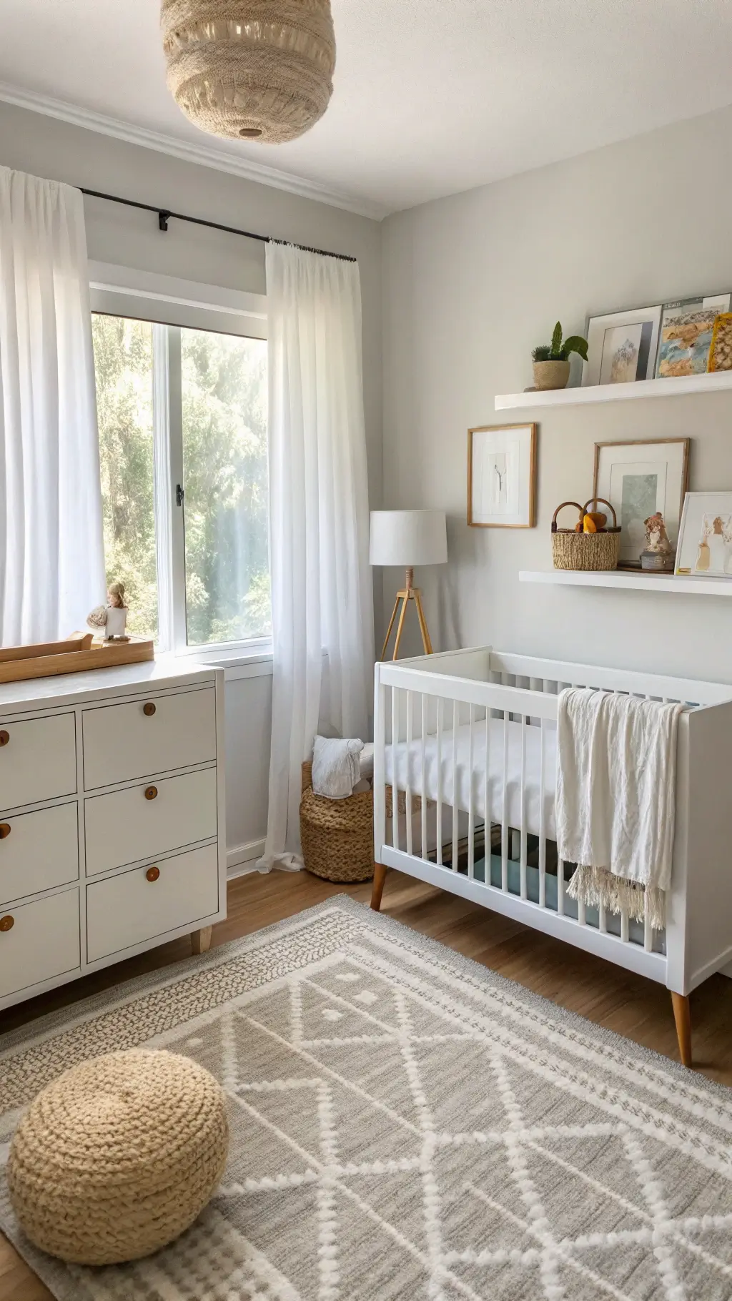 A modern Scandinavian-inspired nursery bathed in golden hour light.