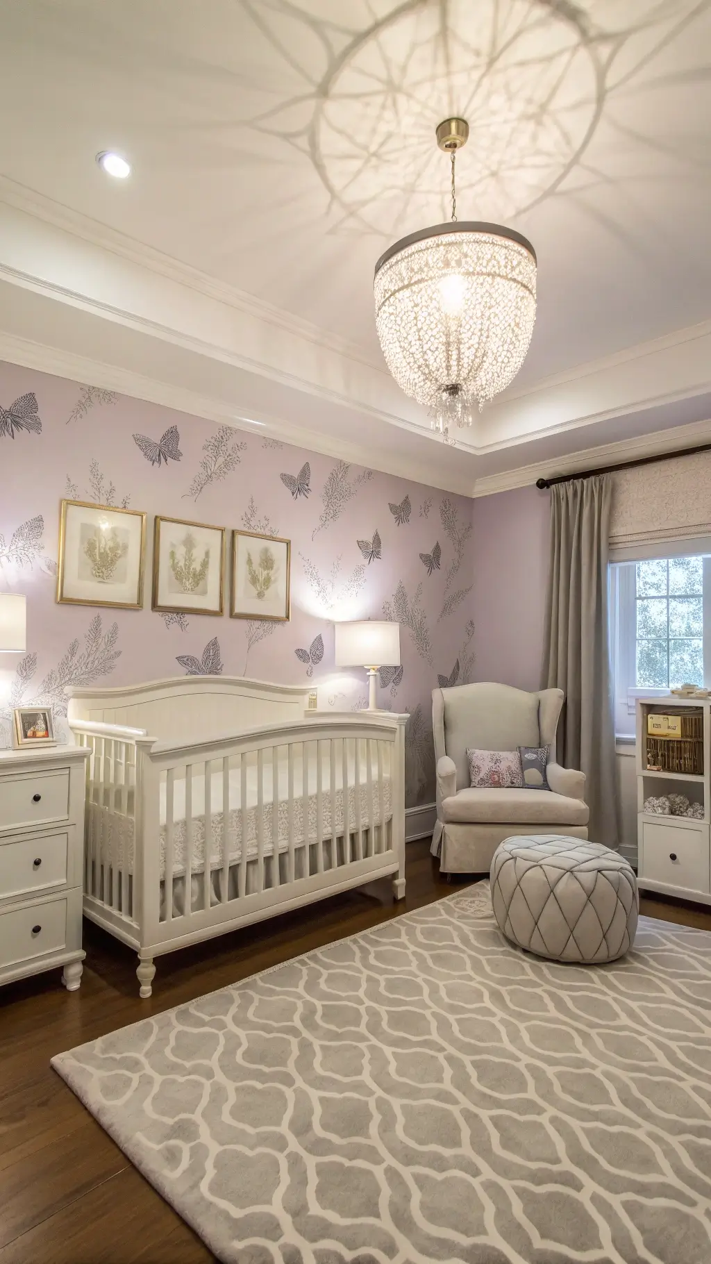 Elegant transitional nursery at dawn with soft lavender walls.