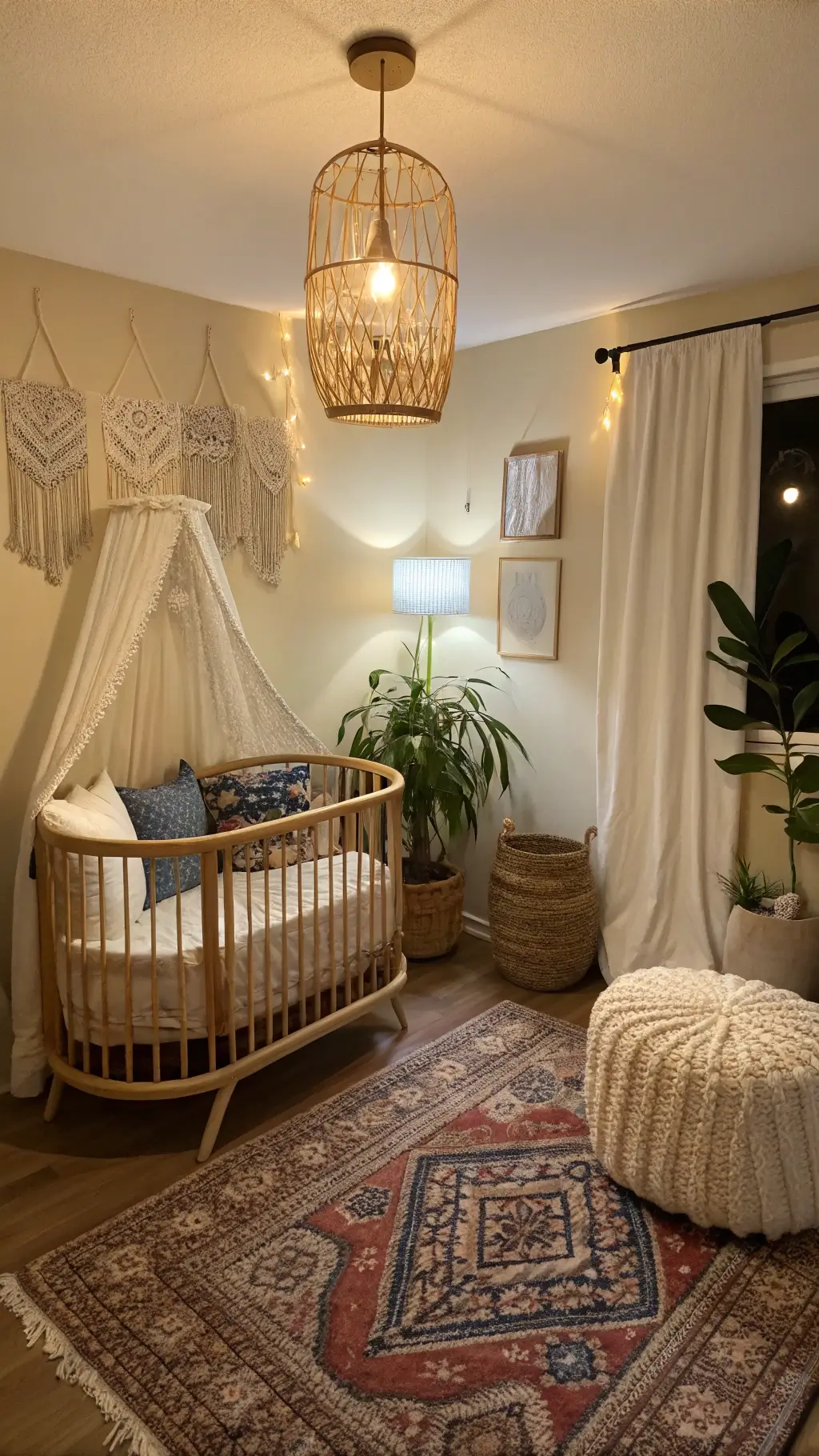 A cozy bohemian nursery at dusk with warm pendant lighting.