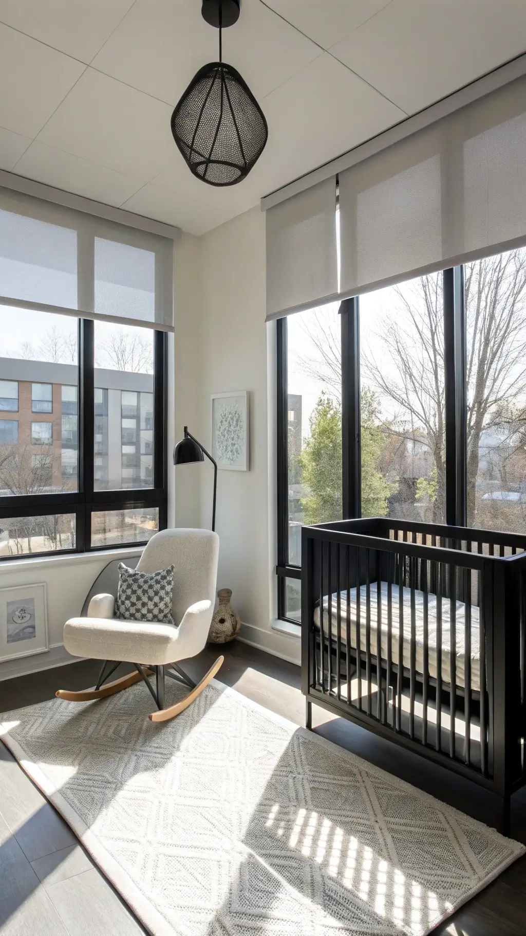 Monochromatic nursery with floor-to-ceiling windows.