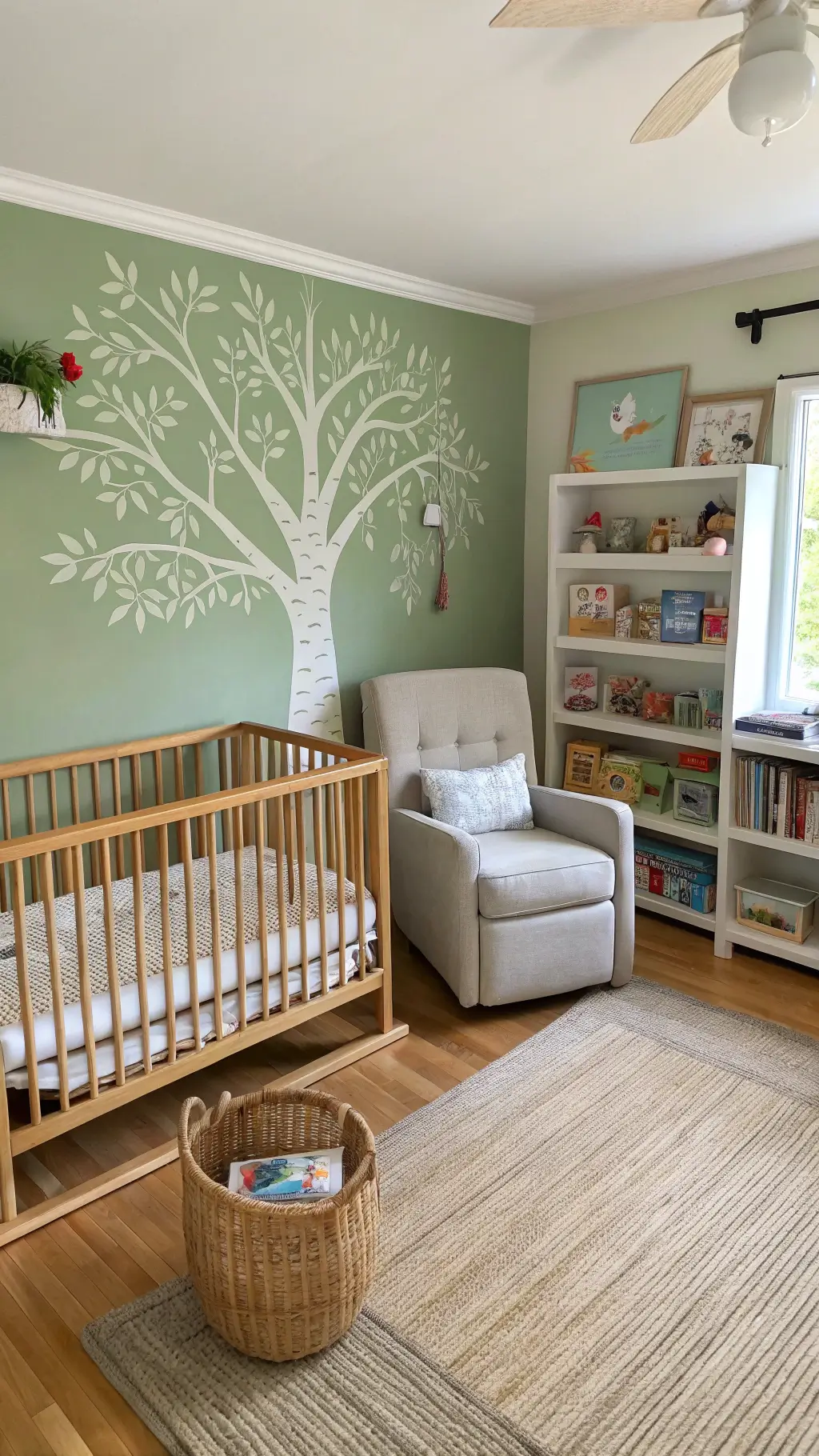 Nature-inspired nursery with sage green accent wall.