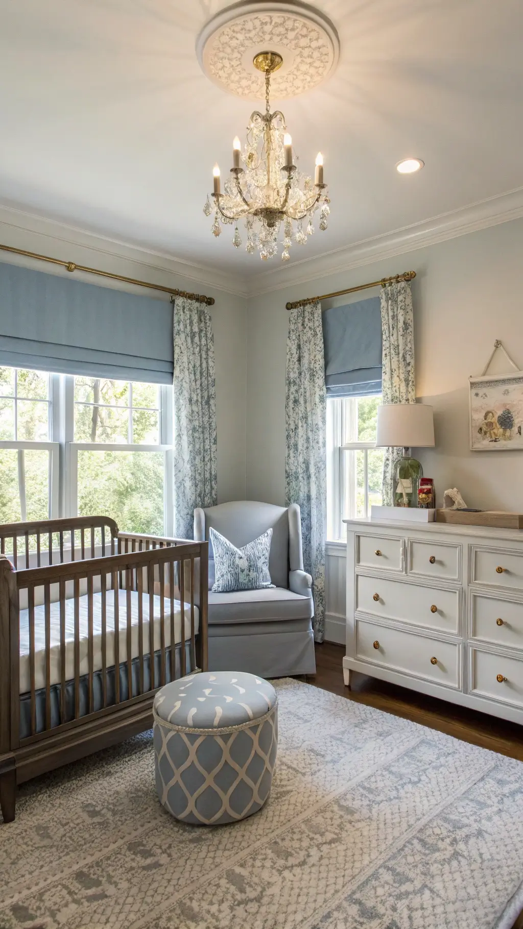 Traditional-meets-modern nursery with a warm grey spindle crib.
