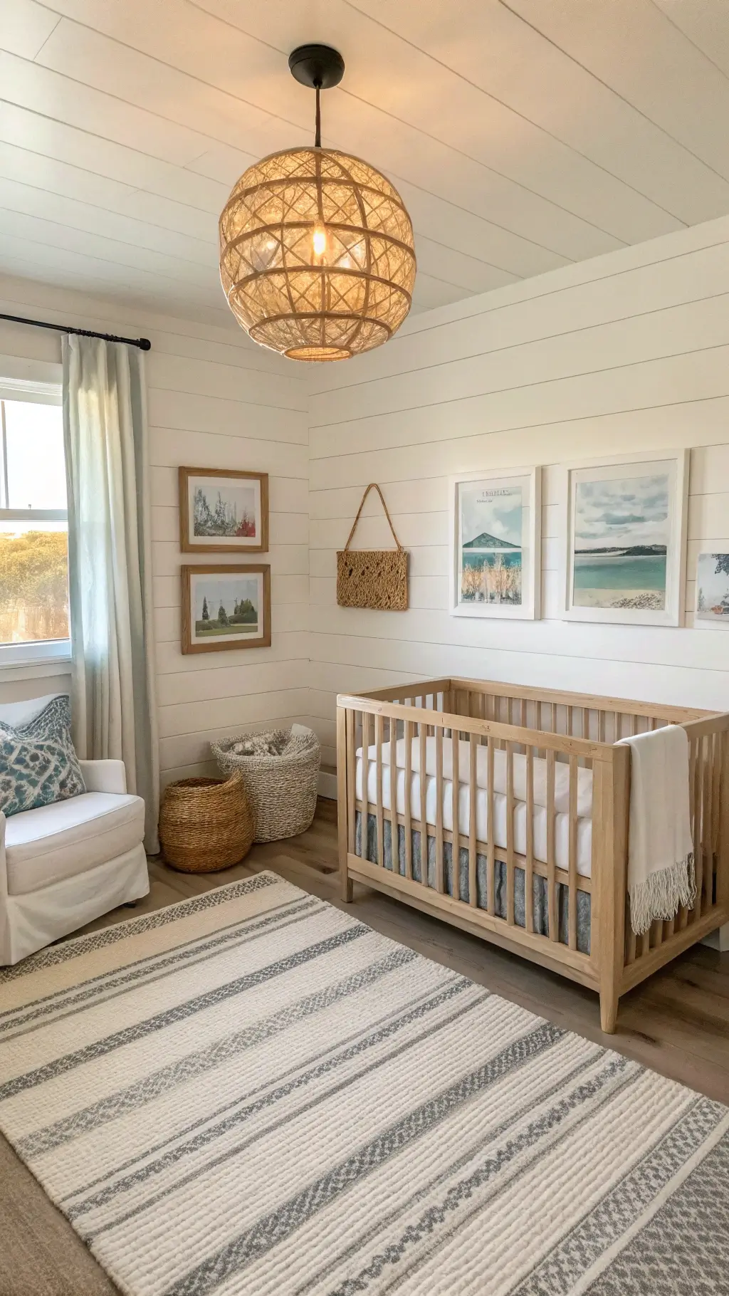 Gender-neutral coastal nursery at sunset with a warm white shiplap accent wall.