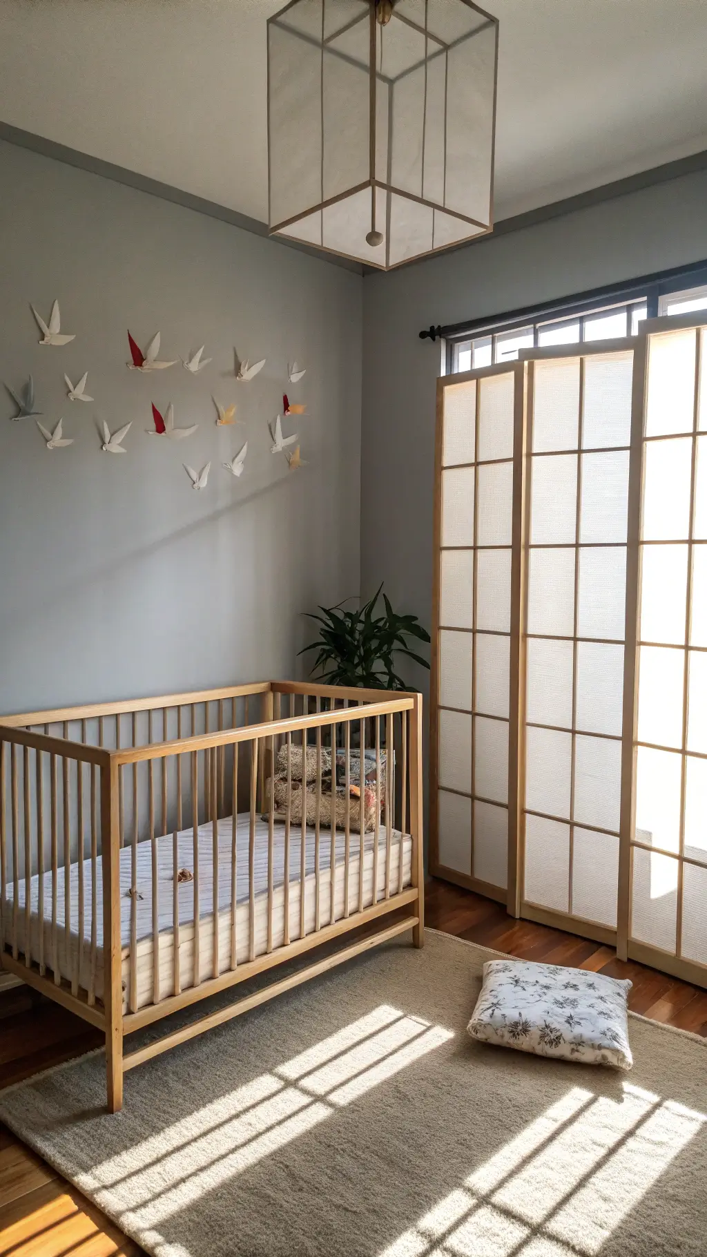 Japanese zen nursery with a low-profile natural wood crib on tatami-style flooring.
