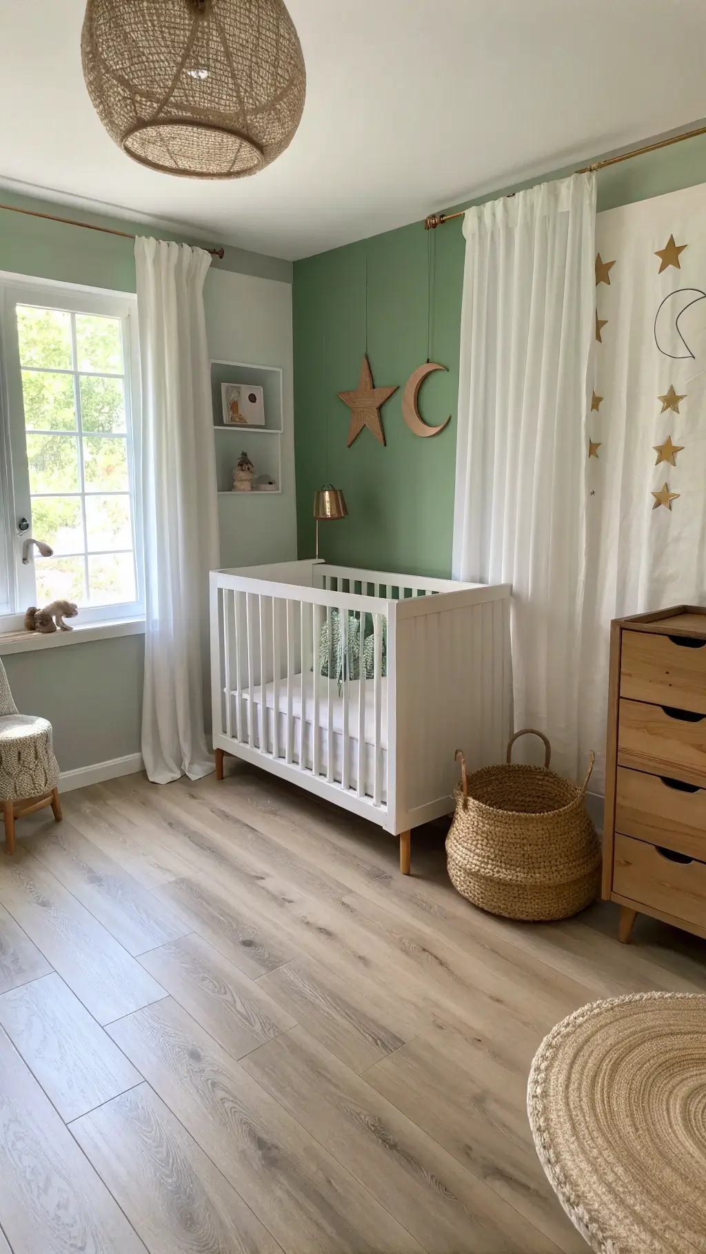 A serene 8'x10' nursery with morning light filtering through gauzy white curtains. Light oak flooring reflects the sunlight. A modern white crib sits against a sage green accent wall, with a wooden moon-and-star mobile above. A plush oatmeal-colored glider with a brass floor lamp is in the corner. Built-in shelves hold natural woven storage baskets. The soft, diffused lighting enhances the calming atmosphere.