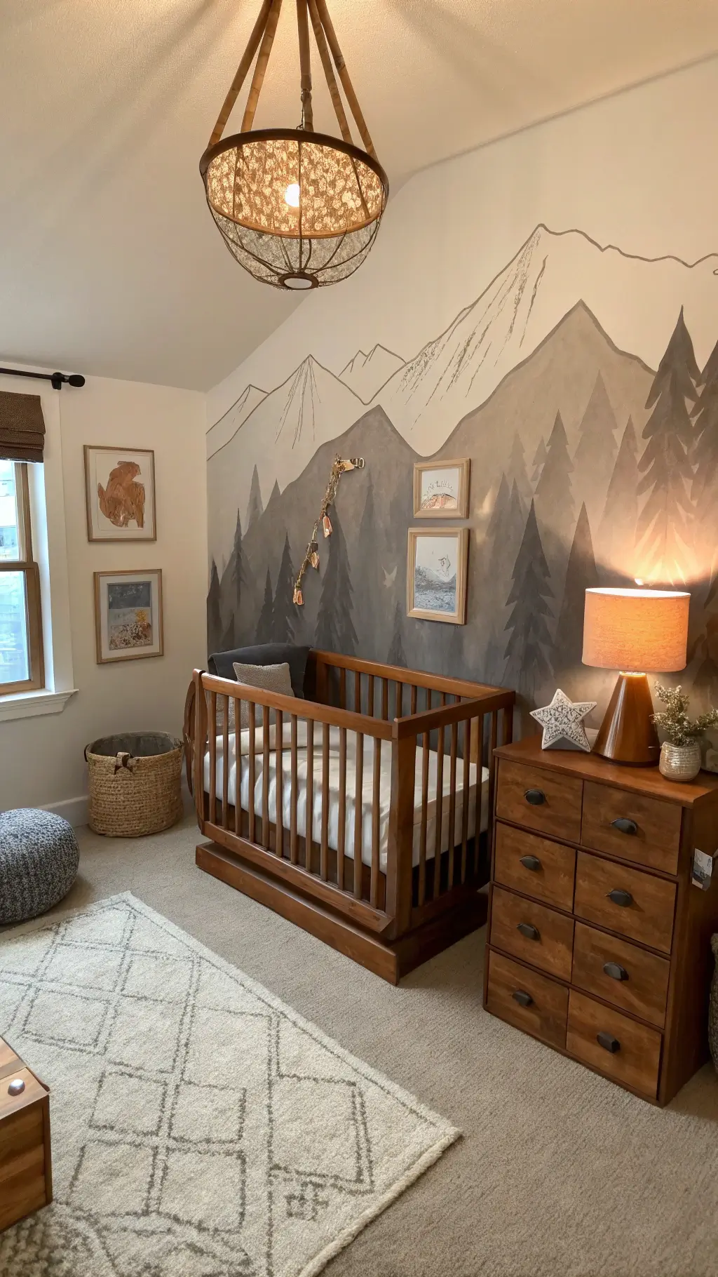 Cozy adventure-themed nursery with dusk lighting, featuring a hand-painted mountain mural, mid-century modern walnut crib, constellation mobile, leather pouf, canvas storage bins, and vintage exploration maps in copper frames.