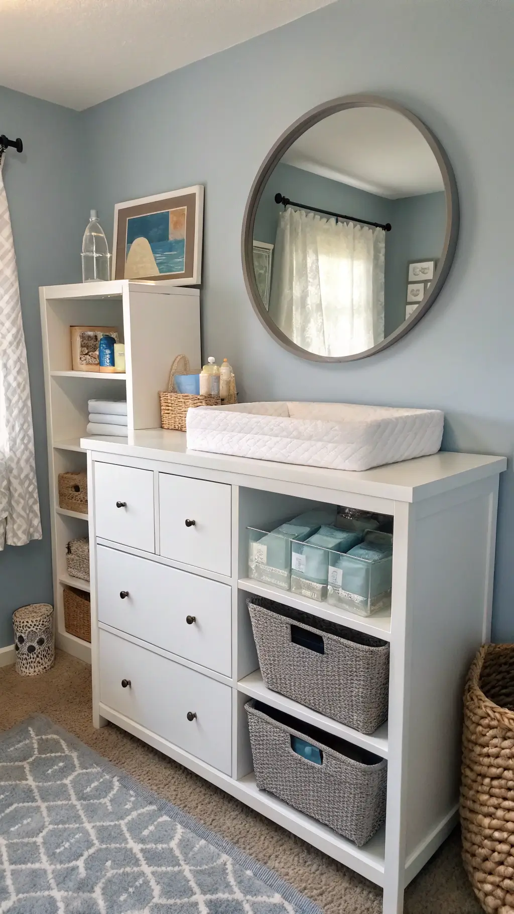 Modern changing station with a white six-drawer dresser, contoured changing pad, and organized open shelving against a soft blue wall. An oversized round mirror reflects natural light. A woven hamper and grey diaper pail sit nearby.
