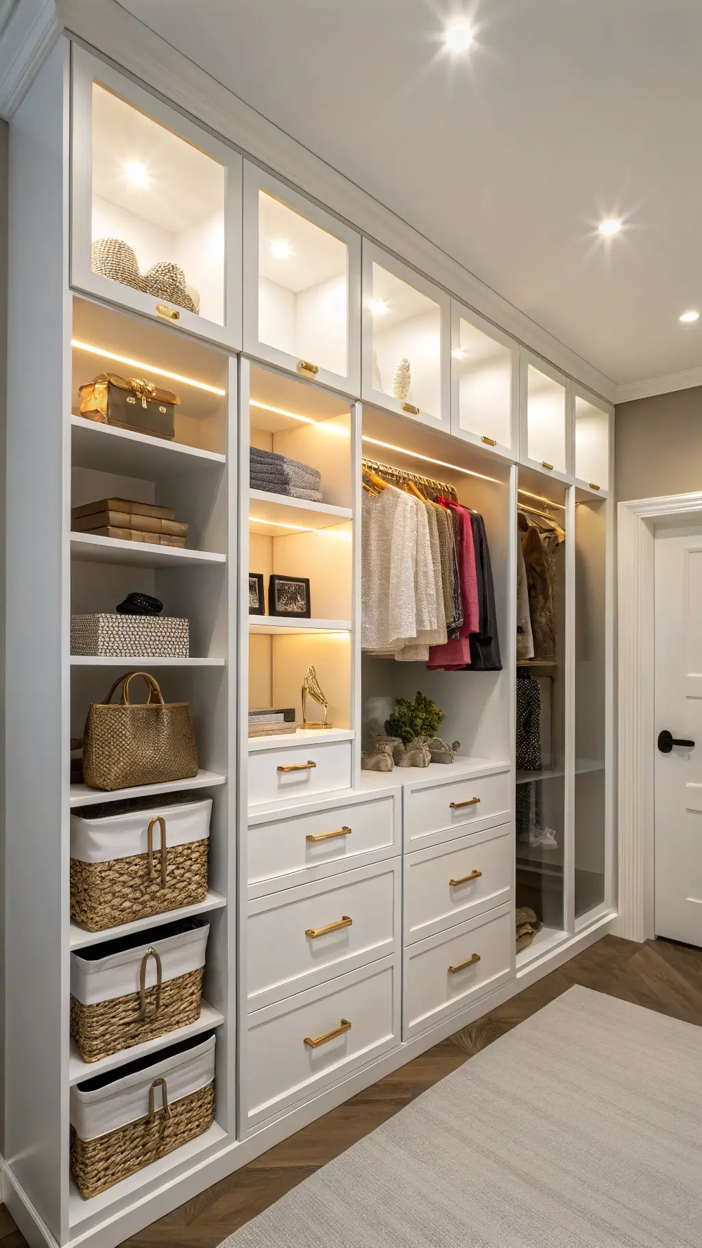 Scandinavian-style built-in white shelving with brass hardware, clear acrylic dividers showcasing tiny clothes, and rattan baskets for warmth. Soft afternoon light and accent lighting highlight the organized space.