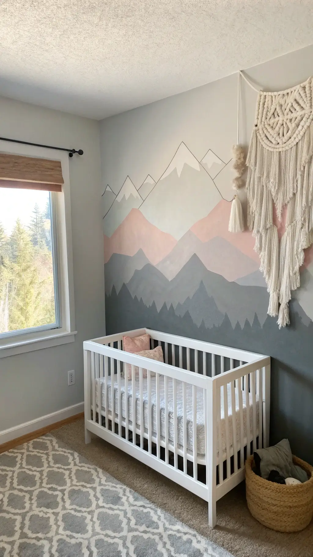 Hand-painted mountain mural in muted greys and blush pink behind a white crib with organic cotton bedding. A macramé wall hanging adds texture. Natural light streams in from the left.