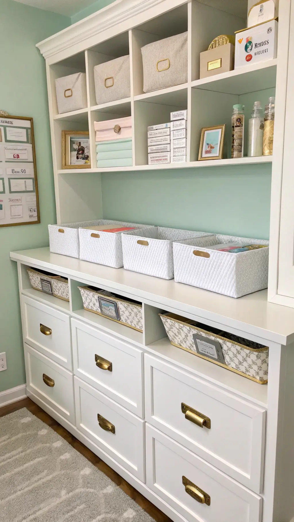 Built-in changing station with white cabinetry against a pale sage wall, featuring brass hardware, organized drawers with labeled bins and dividers, and floating shelves holding coordinated storage boxes and essential supplies. Morning light enhances the tidy setup.