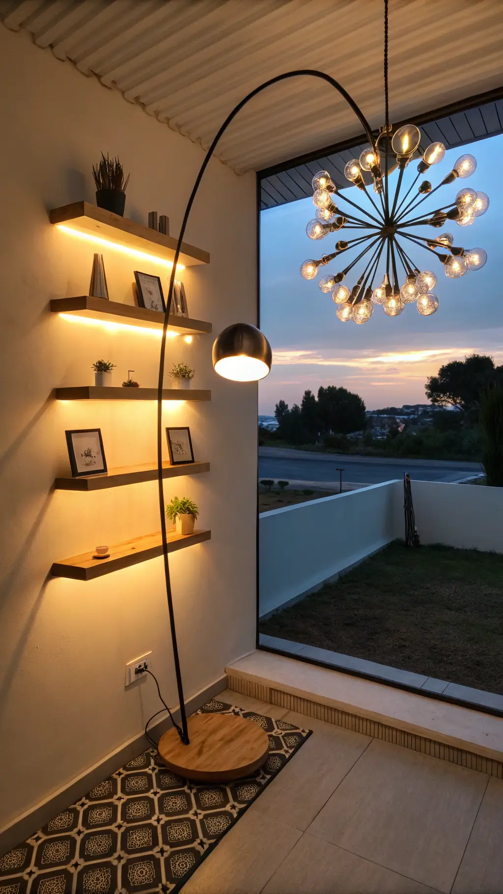 Layered lighting at dusk: a modern sputnik chandelier casts geometric shadows, an arc floor lamp illuminates a glider, and LED strips under floating shelves add a warm ambient glow. Cozy evening atmosphere.