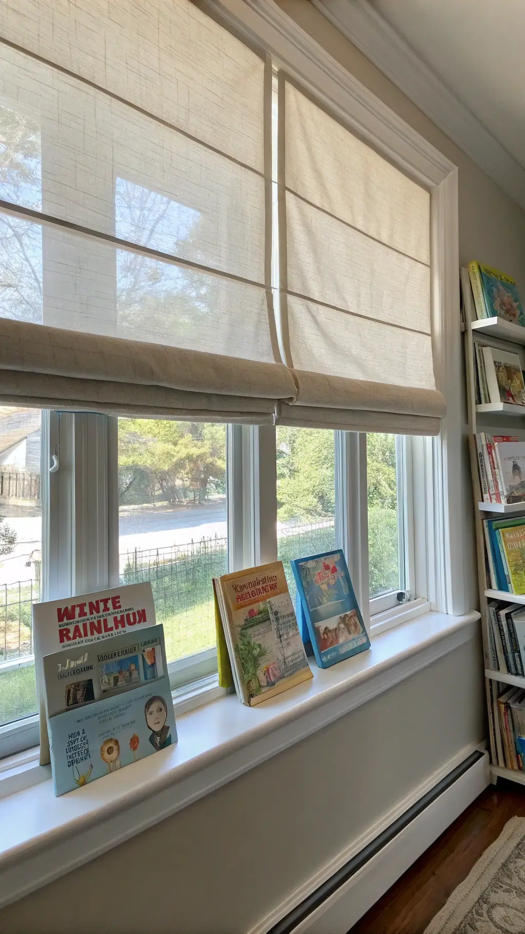 Cordless floor-length linen Roman shades with visible blackout layer, child-proof window guards, and floating book ledges mounted safely in morning light.