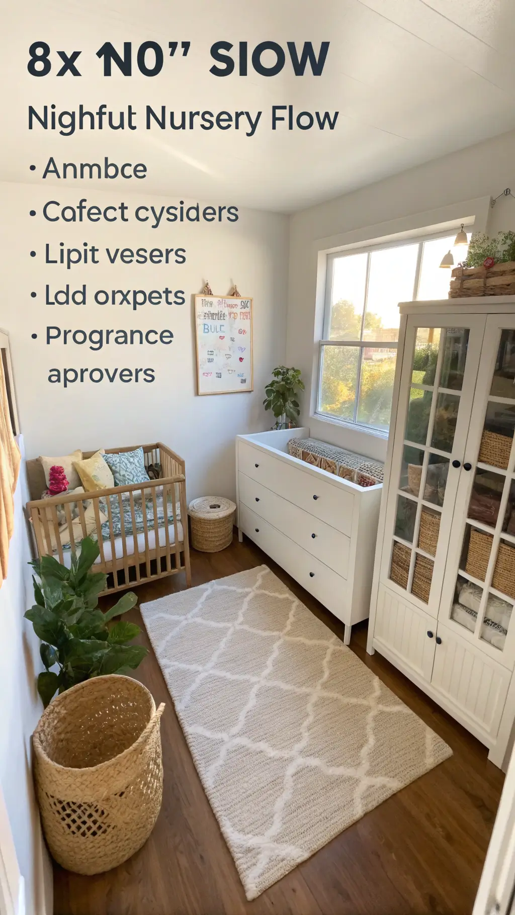 Bird's-eye view of a well-organized 8x10ft nursery layout, showcasing functional zones, traffic flow, and smart storage solutions. Morning light highlights natural materials and textures, enhancing the clean and stylish design.