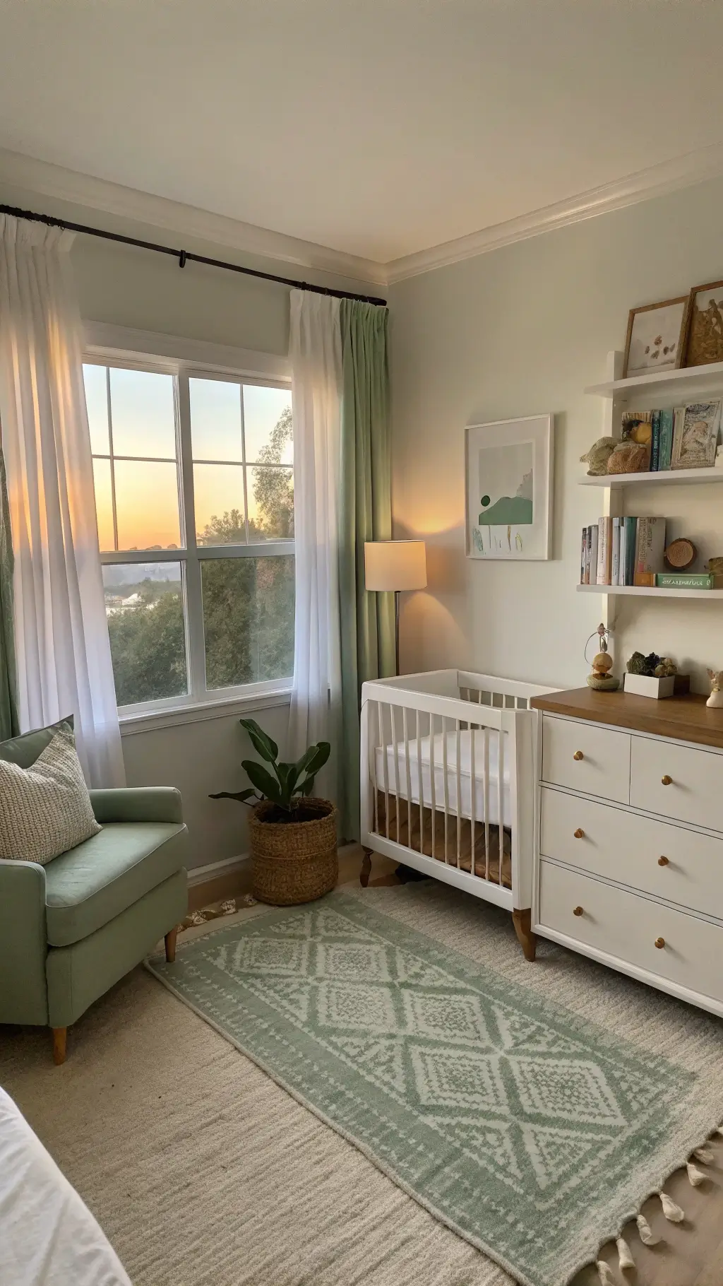 Serene nursery at golden hour with soft natural light. White convertible crib with organic bedding centered on a neutral wall with a subtle cloud mural. Plush cream-colored glider with brass floor lamp in the corner. Pale wood changing table/dresser combo neatly organized. Floating shelves hold muted books and gentle decor. Sheer white curtains with sage green blackout panels frame a large window, enhancing the dreamy atmosphere.