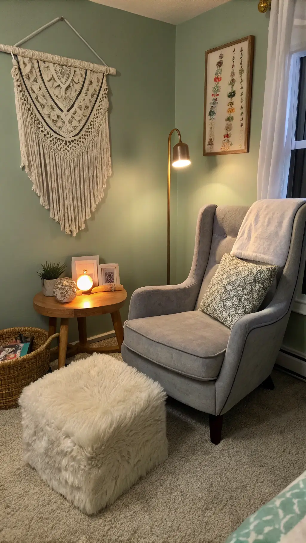 Intimate feeding corner at dusk with a modern gray velvet wingback glider angled in the corner. A warm table lamp softly illuminates a blonde wood side table with essentials. A cream faux fur footstool sits nearby. A macramé wall hanging adds texture above, with a sage green accent wall in the background. Twilight and ambient lighting create a cozy atmosphere.