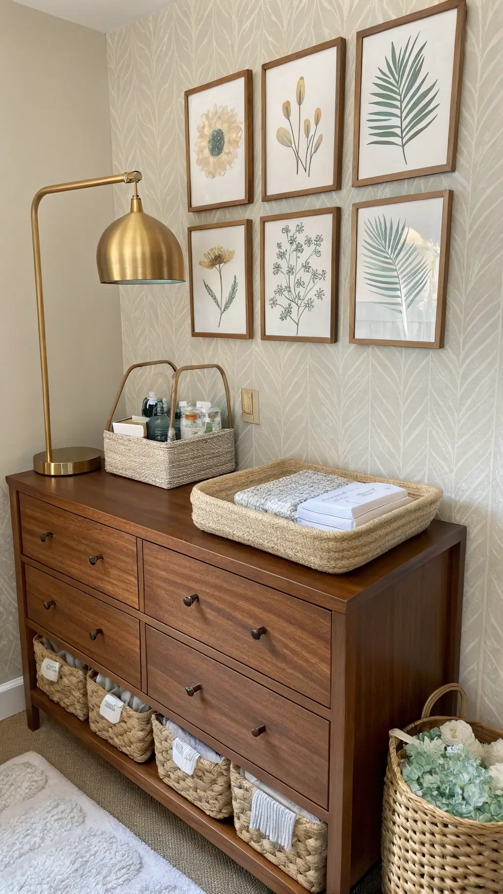 Walnut changing table with organized essentials in woven baskets and clear containers, set against a textured grasscloth wall. Above, a botanical art gallery wall adds charm. A brass task lamp casts warm light, enhancing the cozy, practical ambiance.