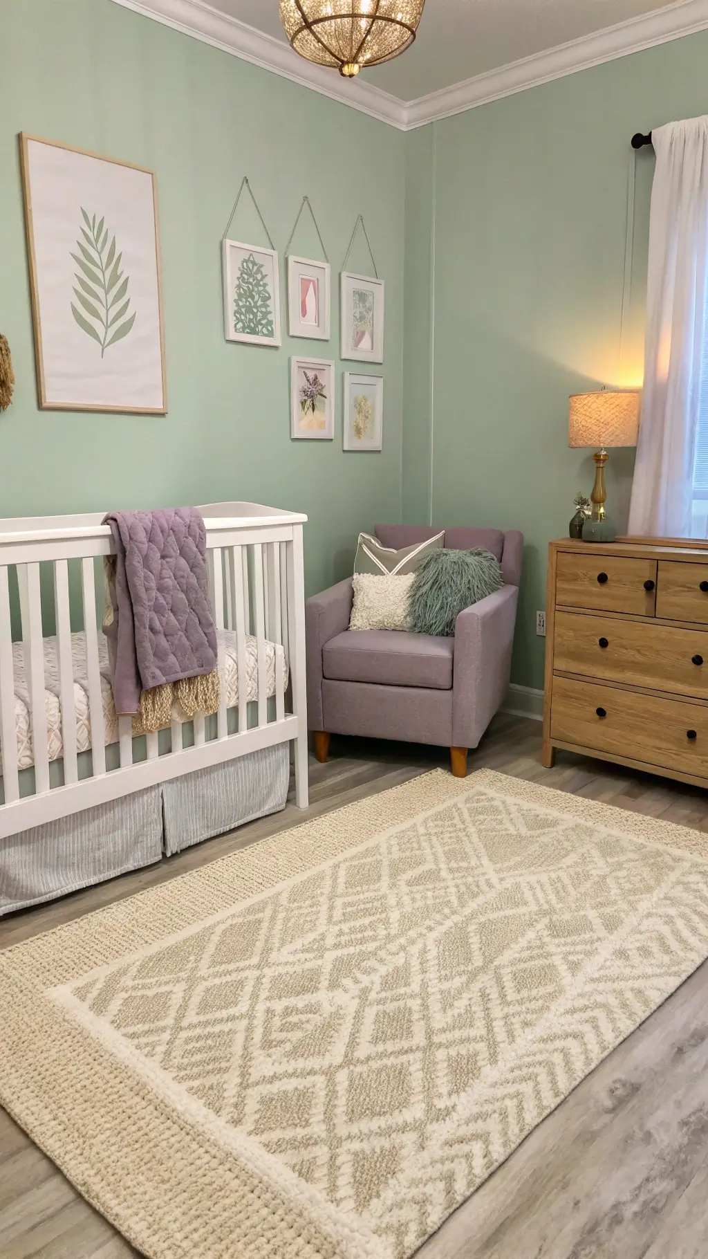 Soft sage green nursery walls with lavender and warm gray accents, layered texture-rich textiles, and a cream natural fiber rug with a subtle pattern. Golden hour lighting enhances the peaceful, cohesive color palette.