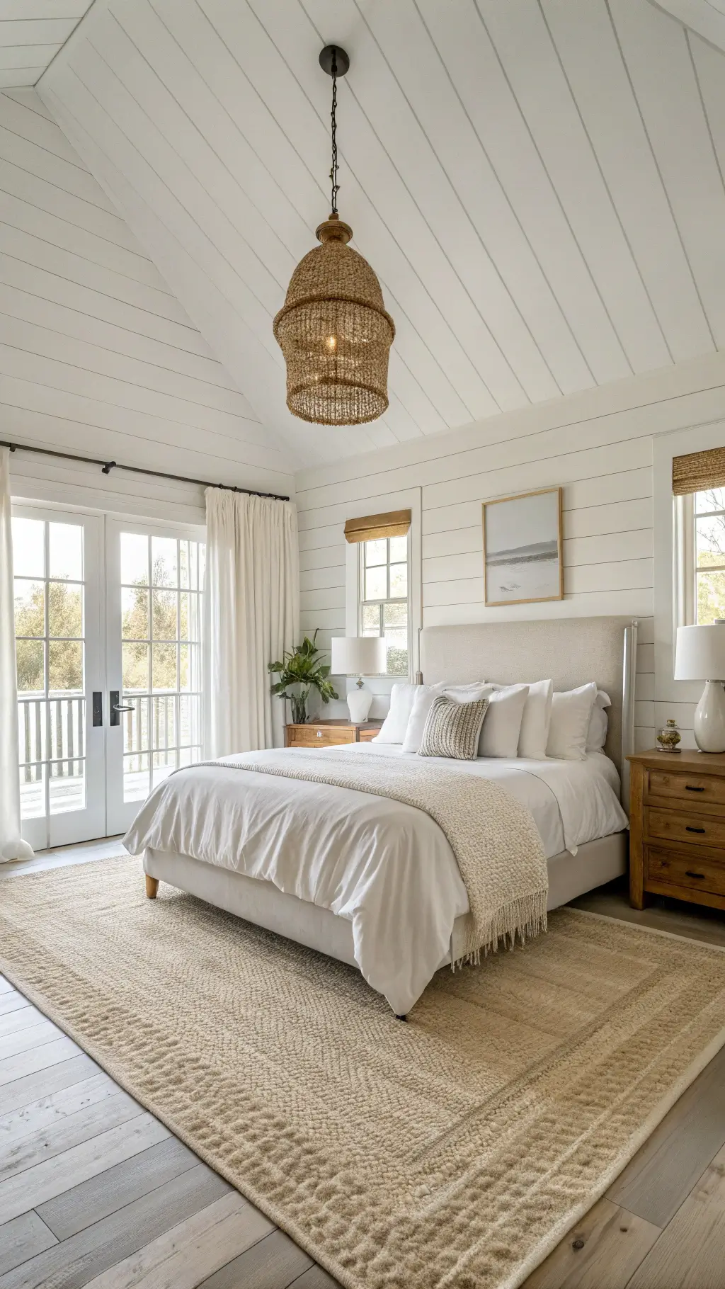 Coastal bedroom at golden hour with white shiplap walls, a king-sized bed in cloudy linen, teak nightstands, and sheer-curtained floor-to-ceiling windows. A rattan pendant light casts soft shadows over layered jute and wool rugs.