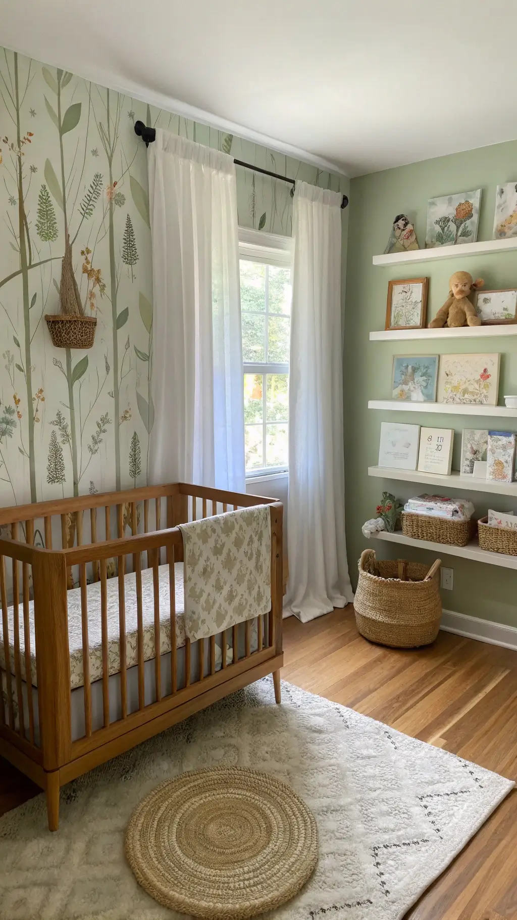 Serene woodland-themed nursery with a solid oak crib against a forest wallpaper accent wall. Morning light filters through gauzy white curtains, highlighting sage green walls and a plush oatmeal-colored glider. Floating wood shelves hold stuffed woodland animals and vintage books. A jute rug covers hardwood floors, and a handwoven mobile with felt forest creatures hangs above the crib.