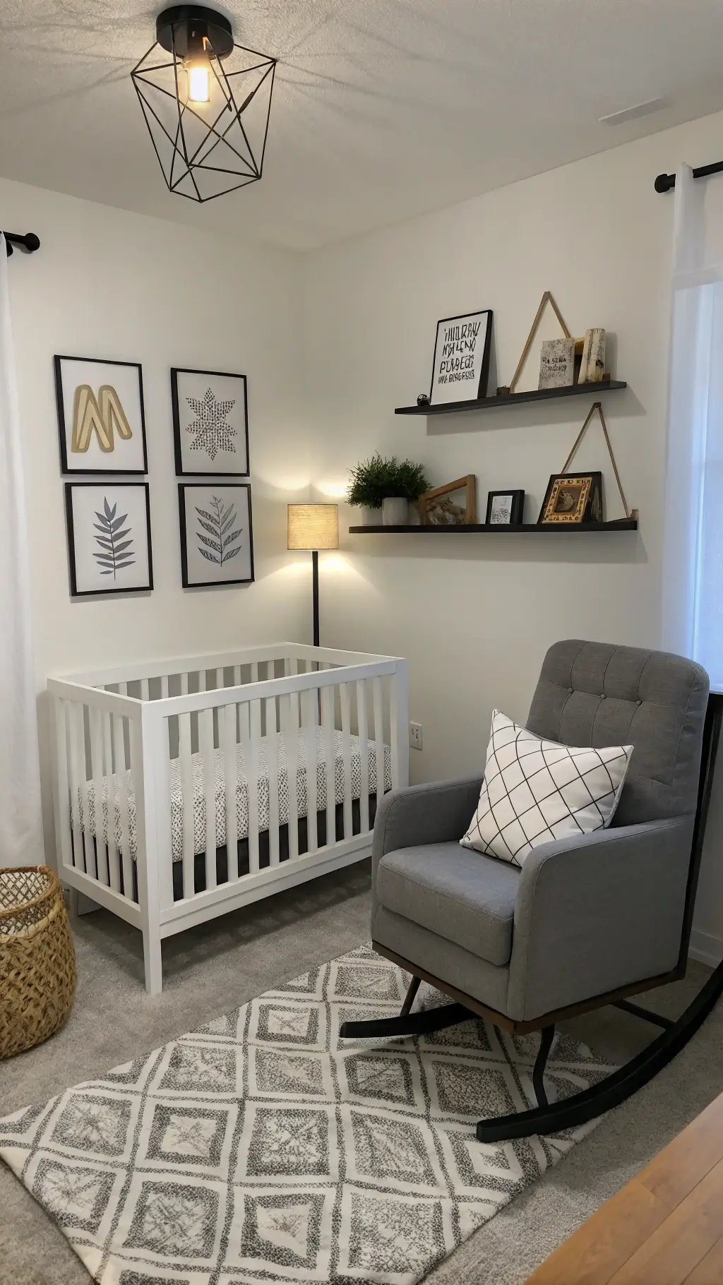 Modern minimalist nursery with white walls, black furniture, and an acrylic crib. Geometric floating shelves and monochromatic abstract art decorate the space. A gray upholstered rocker sits beside a brass-accented floor lamp. Soft golden hour lighting casts subtle shadows.
