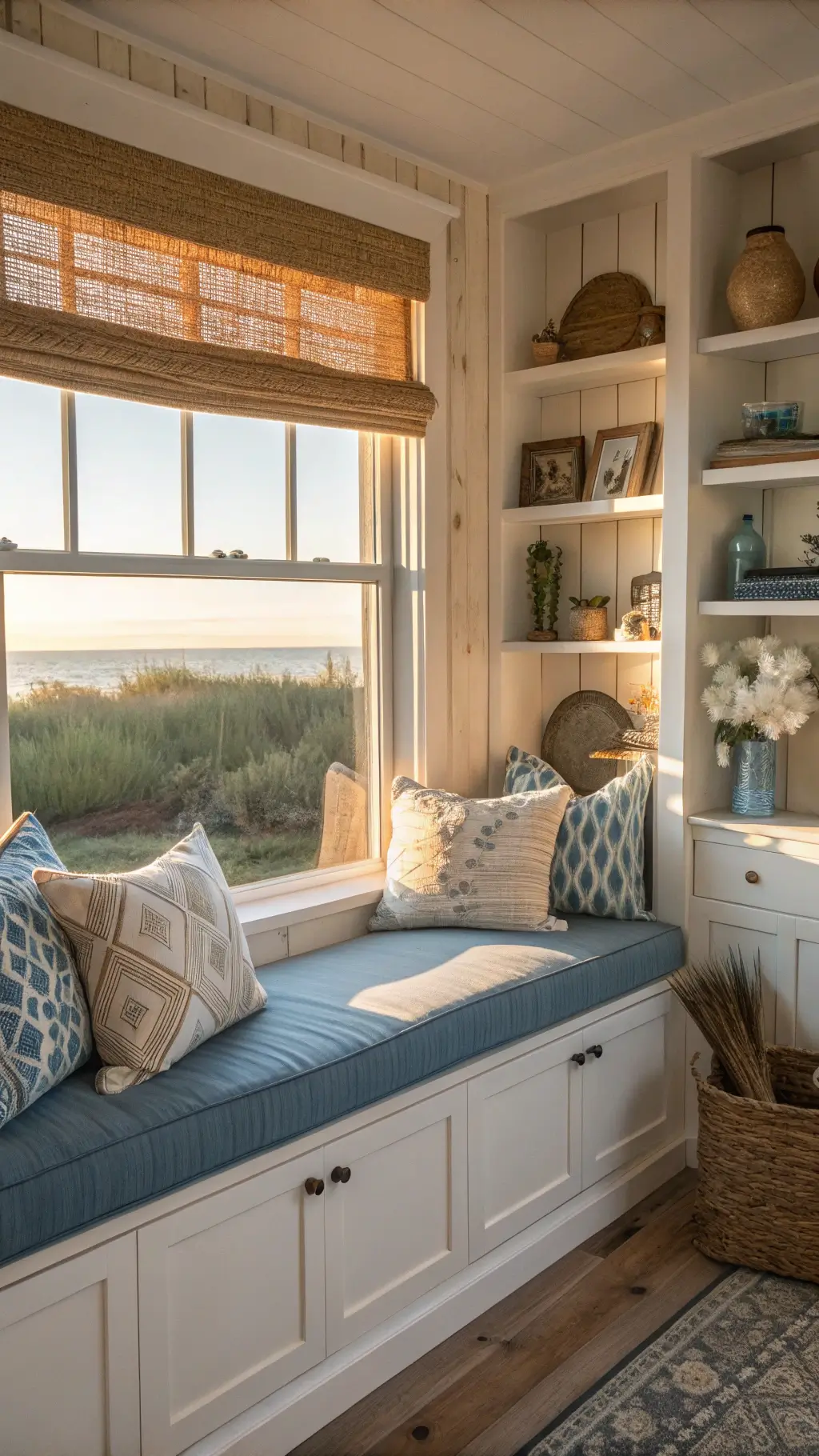 Window seat nook bathed in late afternoon golden light, featuring a built-in bench with coastal blue cushions and an assortment of white, beige, and patterned pillows. A woven grass roman shade filters sunlight, casting a warm glow. Weathered wood floating shelves above display pottery and beach finds, enhancing the cozy, coastal ambiance.