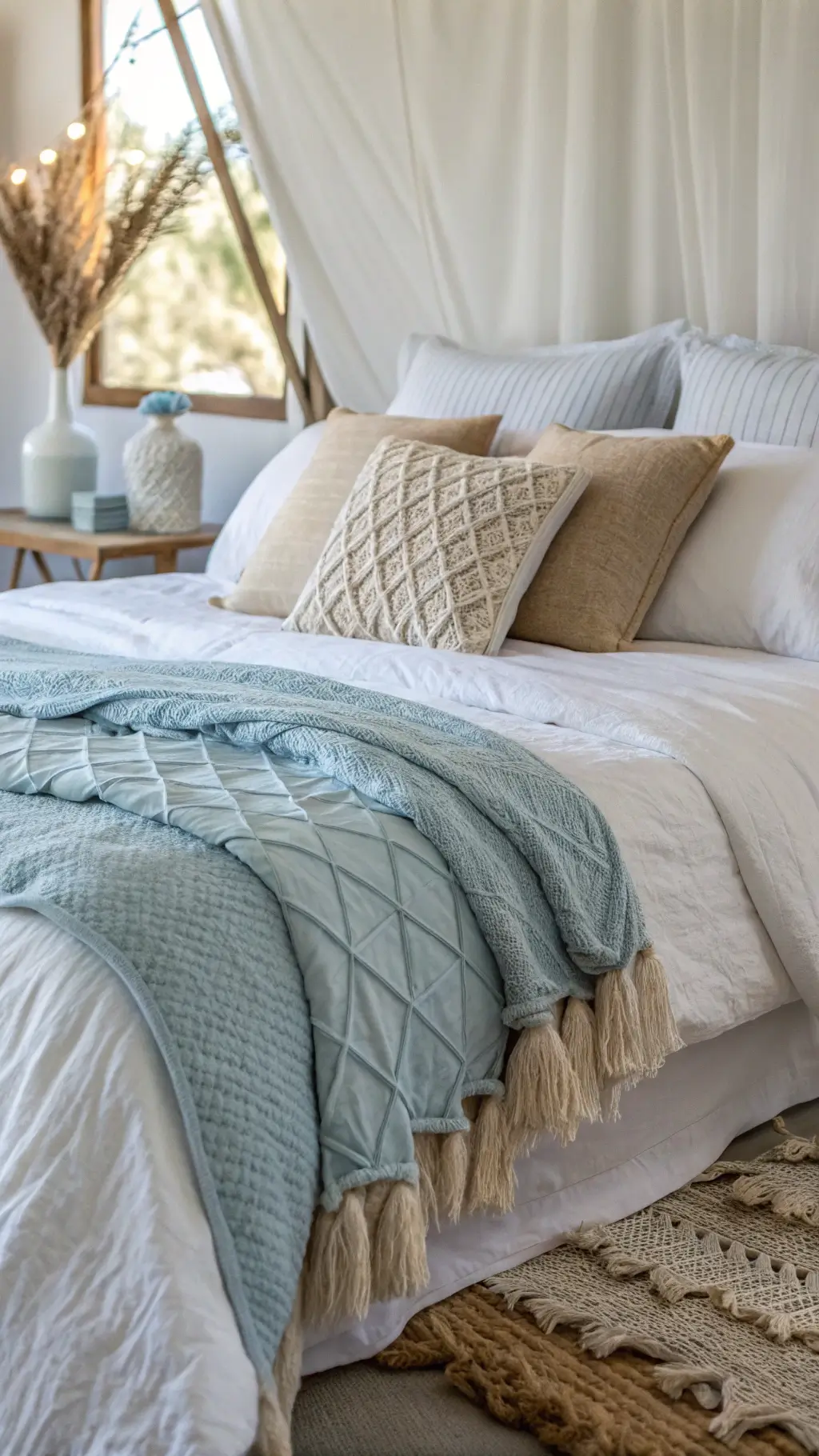 Low-angle shot of a styled bed with layered white linen duvet, powder blue quilt, and textured neutral throws. Assorted pillows in linen, cotton, and chunky knit add coastal textures. Natural midday light highlights fabric details with a soft, dreamy focus.