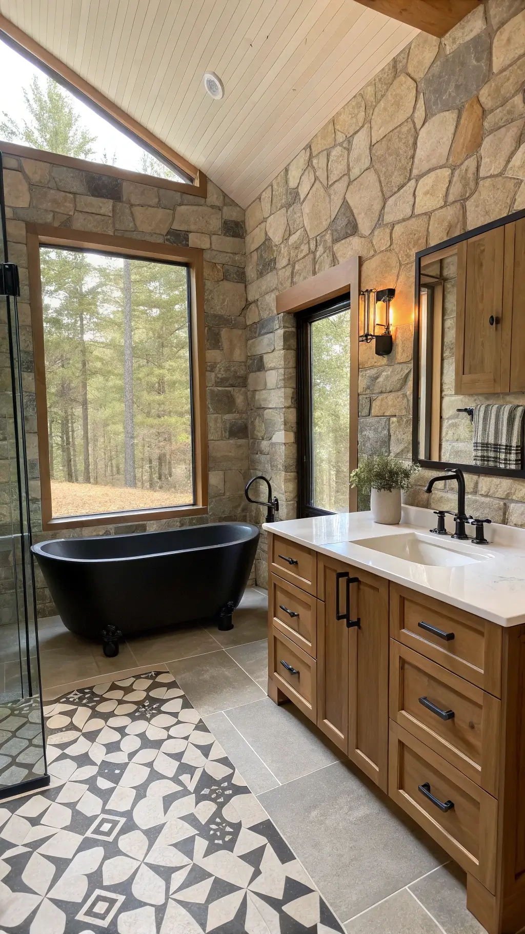 Luxury cabin bathroom with sunlit stone accent wall, freestanding black tub, custom alder cabinets, quartz counters, bronzed glass rain shower, and geometric floor pattern. Warm creams and cool grays with black accents.