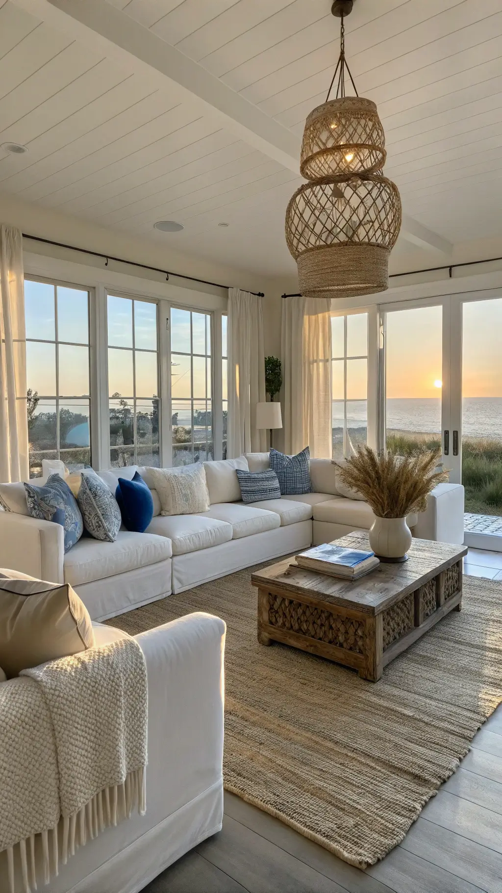 Sunlit coastal living room with floor-to-ceiling windows, sheer white curtains, and a cream linen sectional adorned with blue and sand-toned pillows. A chunky jute rug sits atop whitewashed oak floors, complemented by a distressed driftwood coffee table styled with coral and sea grass in glass vessels. A woven pendant light casts intricate shadows, enhancing the serene, airy beach house atmosphere.