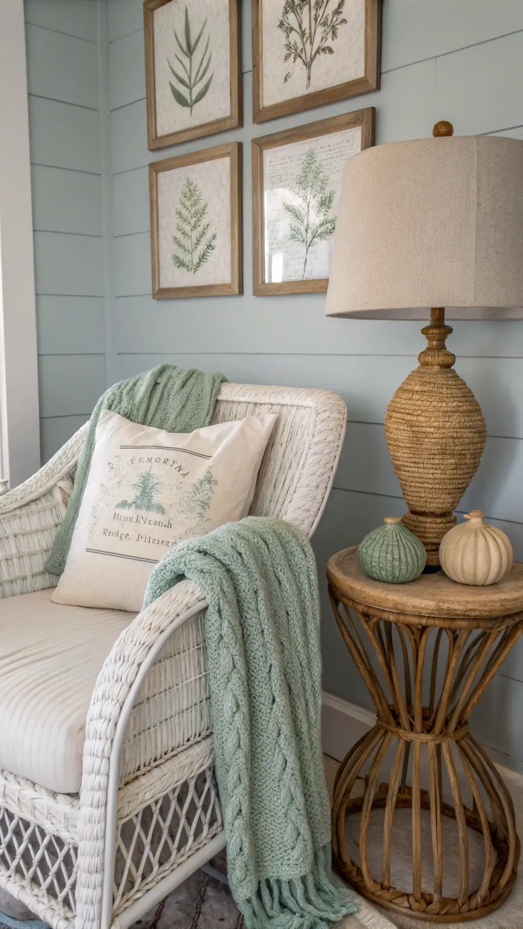 Cozy coastal reading nook with a weathered white rattan chair, plush ivory cushions, and a chunky seafoam green knit throw. A natural fiber rope side table holds a textured ceramic lamp with a linen shade. Vintage glass floats and botanical prints in whitewashed frames add charm. Pale blue-gray walls and soft morning light enhance the serene, refined atmosphere.
