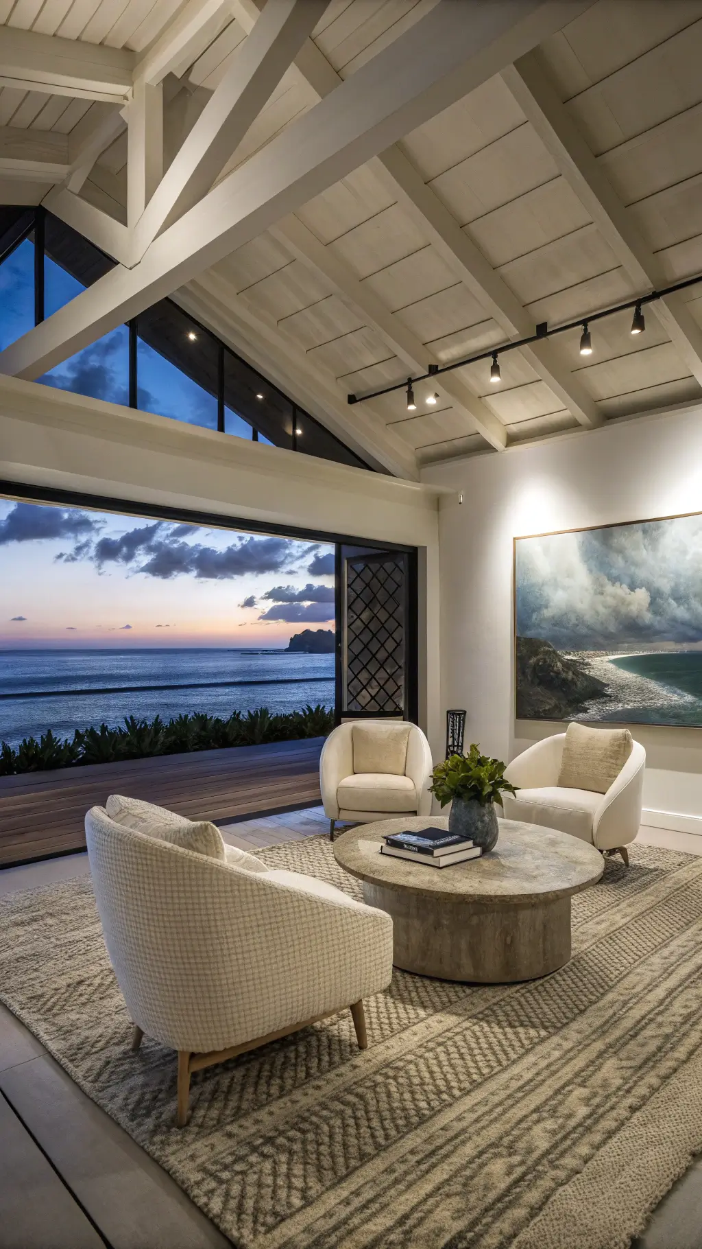 Modern coastal living space at twilight with architectural ceiling beams, cream bouclé chairs, a sleek limestone coffee table, and an oversized abstract seascape in blues and grays. Sisal carpet with a geometric overlay, white ceramic vessels arranged asymmetrically, and brass sconces providing warm ambient lighting. Low-angle shot emphasizing ceiling height and a sophisticated, contemporary beach aesthetic.