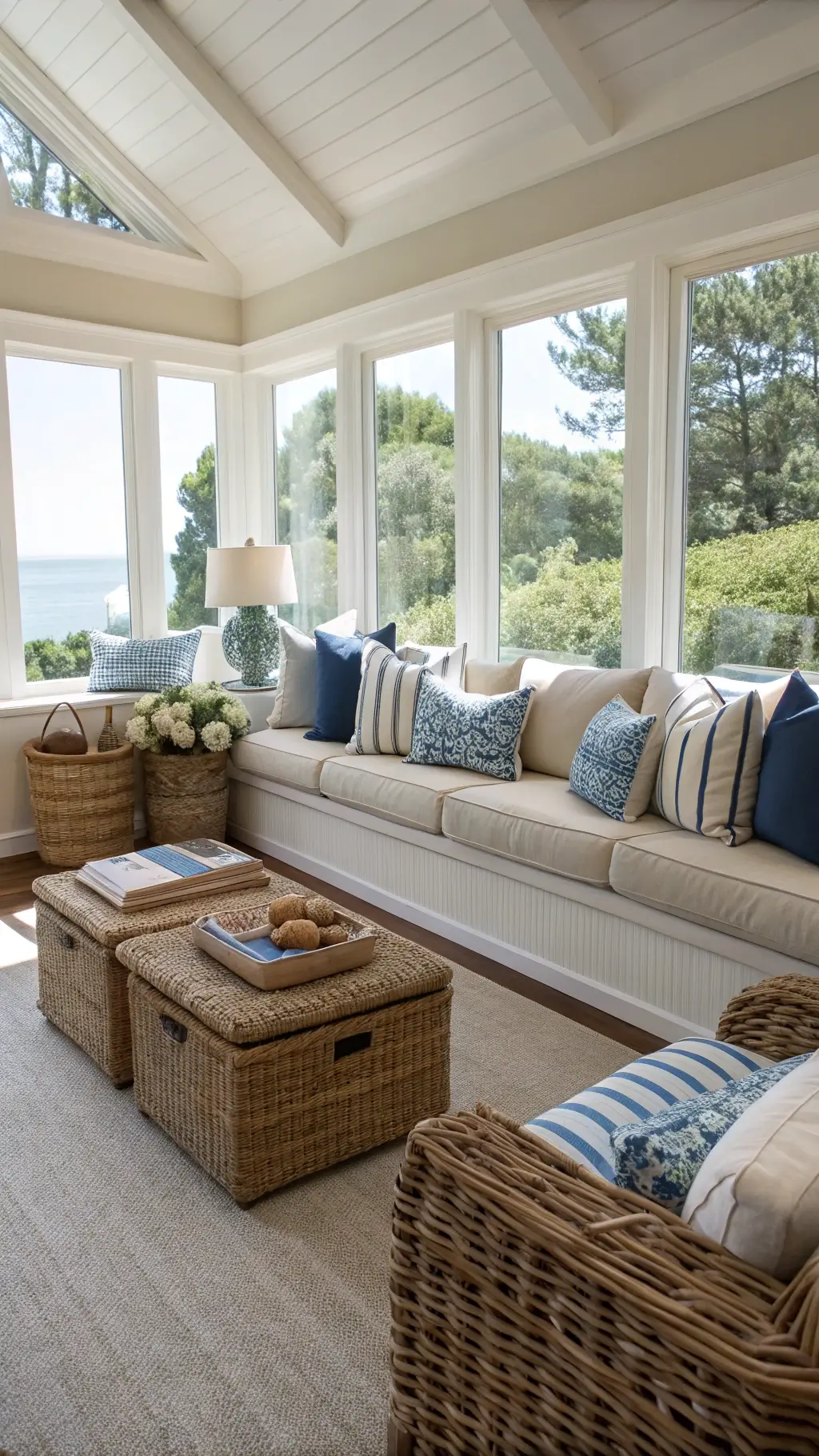 Coastal family room with a sand-tone performance fabric sofa, blue-striped indoor/outdoor pillows, built-in window seats, distressed teak side tables, and woven storage baskets. Displayed shells and coral under glass cloches. Sunlit space with a symmetrical, family-friendly design.