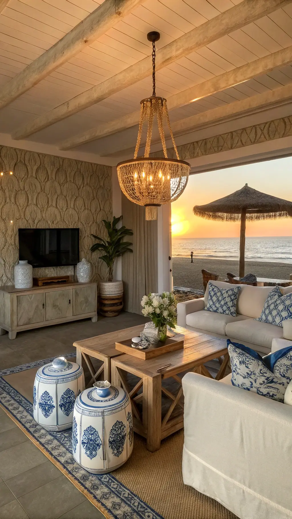 Beachy living room at sunset with slipcovered linen armchairs around a bleached wood coffee table, textured sand-pattern wallcovering, oversized rope chandelier casting shadows, and blue and white ginger jars on a console. Warm lighting enhances the organic coastal style.