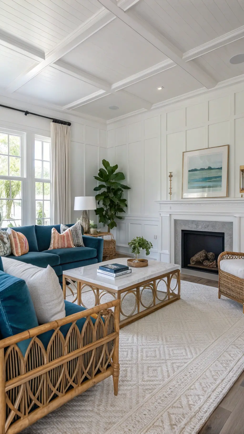 Hamptons-inspired formal living room with crisp white board and batten walls, ocean blue velvet sofa, bamboo-detailed chairs, and a marble-topped brass coffee table styled with books and coral. Layered seagrass and wool rugs under soft morning light streaming through plantation shutters.