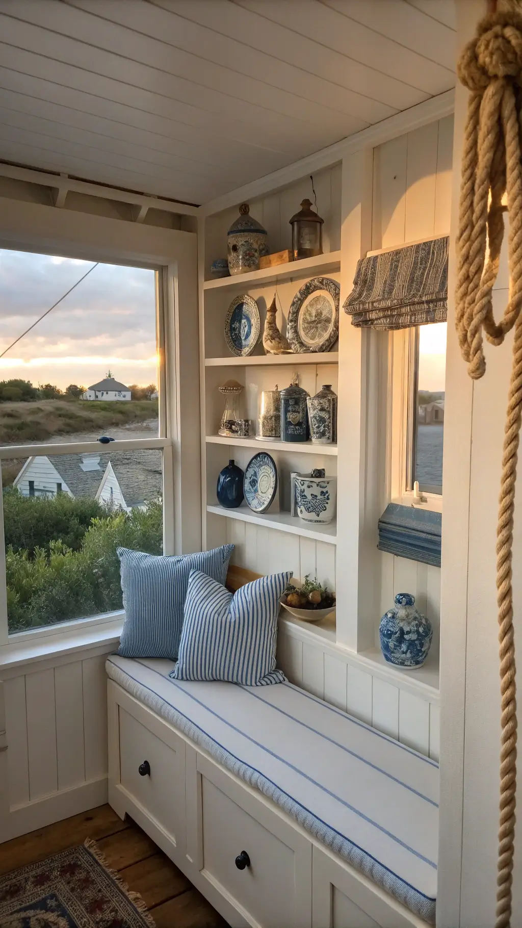Cozy coastal cottage window nook at golden hour, featuring built-in shelves with blue and white ceramics, vintage glass buoys, and weathered boat models. A white slip-covered bench with striped maritime pillows sits beneath a rope-wrapped mirror reflecting warm light. Natural light enhances the nostalgic, beachy atmosphere.