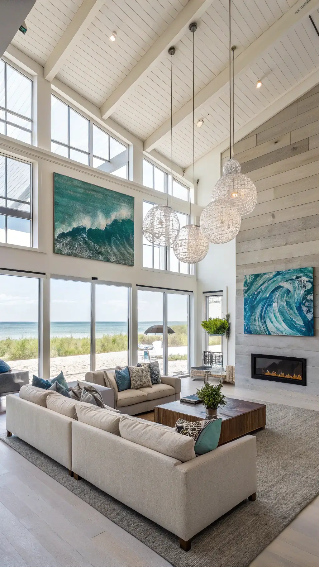 Modern beach house great room with 20ft ceilings and a wall of windows, showcasing an L-shaped sandstone tweed sectional, oversized abstract oceanic artwork, and clustered seeded glass pendant lights. A driftwood sculpture serves as a focal point in the bright, open 30x35ft space, embodying contemporary coastal grandeur.