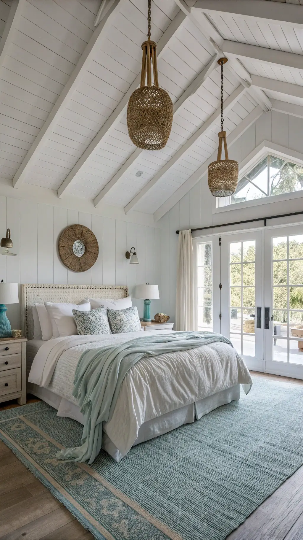 Master bedroom with vaulted ceiling and whitewashed beams, bathed in soft early morning light. A king bed with rumpled white linen bedding and sea glass-toned throws sits atop a sisal carpet layered with a vintage overdyed blue rug. Asymmetrical rope-wrapped pendant lights hang above. Natural and soft fill lighting highlight the airy space in a palette of white, aqua, driftwood gray, and pale sand.