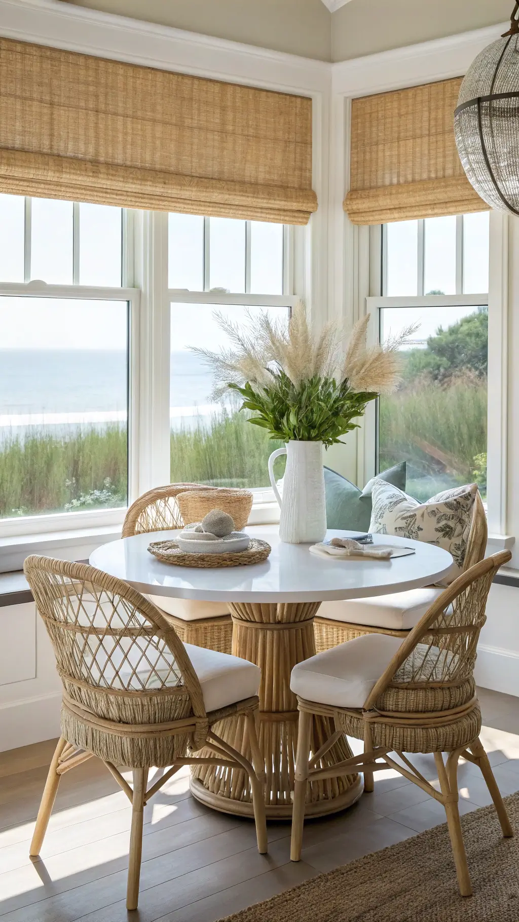 Coastal kitchen nook with a round bleached oak pedestal table, surrounded by rattan chairs with white cushions. A bay window with woven bamboo blinds filters mid-morning light. An oversized glass vase with sea grass serves as the centerpiece. A shell-encrusted mirror reflects the natural light. The palette features warm white, natural rattan, and sea glass green accents.