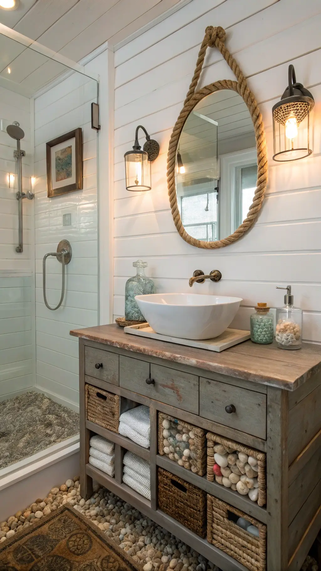 Beachy bathroom at twilight with cool white shiplap walls, pebble-floor shower with glass enclosure, and a weathered teak floating vanity. A white vessel sink sits beneath a rope-framed mirror reflecting the room. Glass canisters filled with shells and sea glass decorate the space. Copper wall sconces cast a warm glow over the natural wood and sea blue accents.