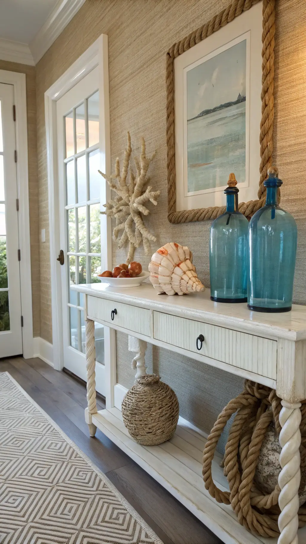 Entryway vignette with a whitewashed console table against textured grasscloth wallpaper. Decor includes an oversized conch shell, coral specimens under glass cloches, vintage blue glass bottles, and a chunky rope knot doorstop. A natural fiber runner with a subtle pattern lies beneath, all in warm whites, ocean blues, and natural textures, bathed in afternoon light.