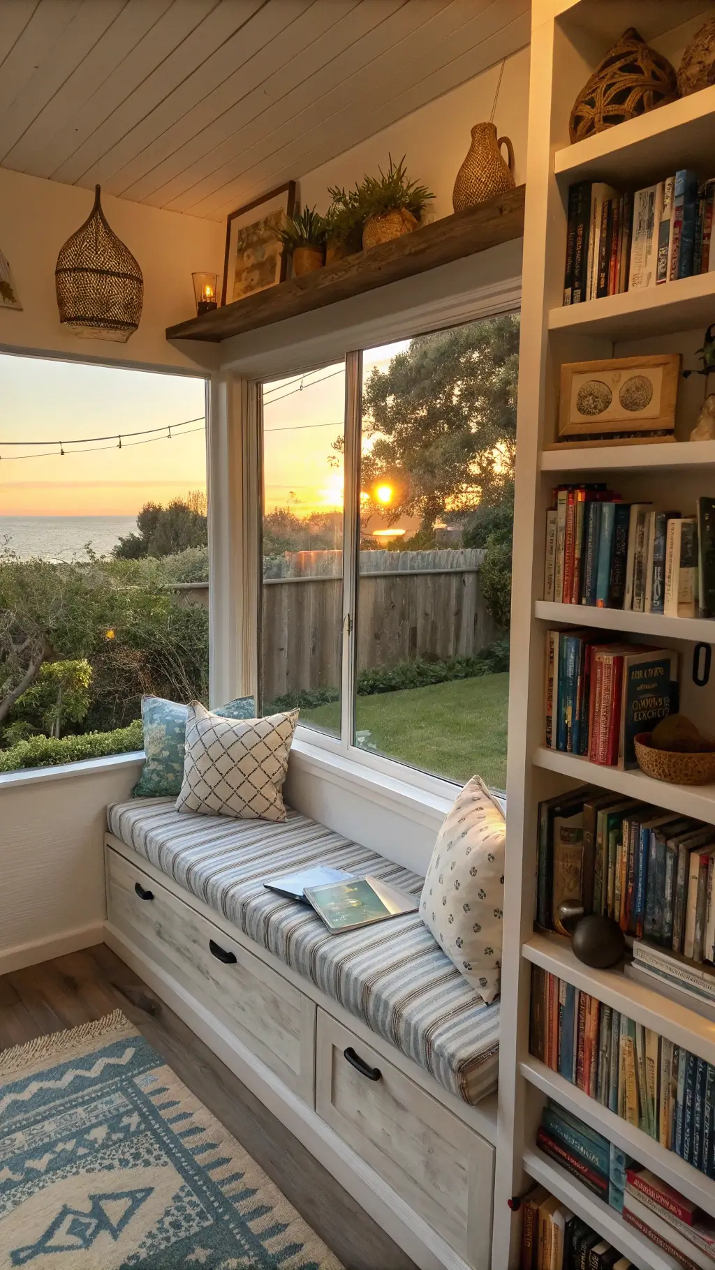 Cozy reading nook at sunset with a built-in window seat featuring striped linen cushions, overlooking a lush garden. Weathered oak floating shelves hold coastal books and sea-inspired pottery. A macramé wall hanging adds texture, while golden hour light casts a warm glow over the ivory, indigo, and driftwood-toned space.