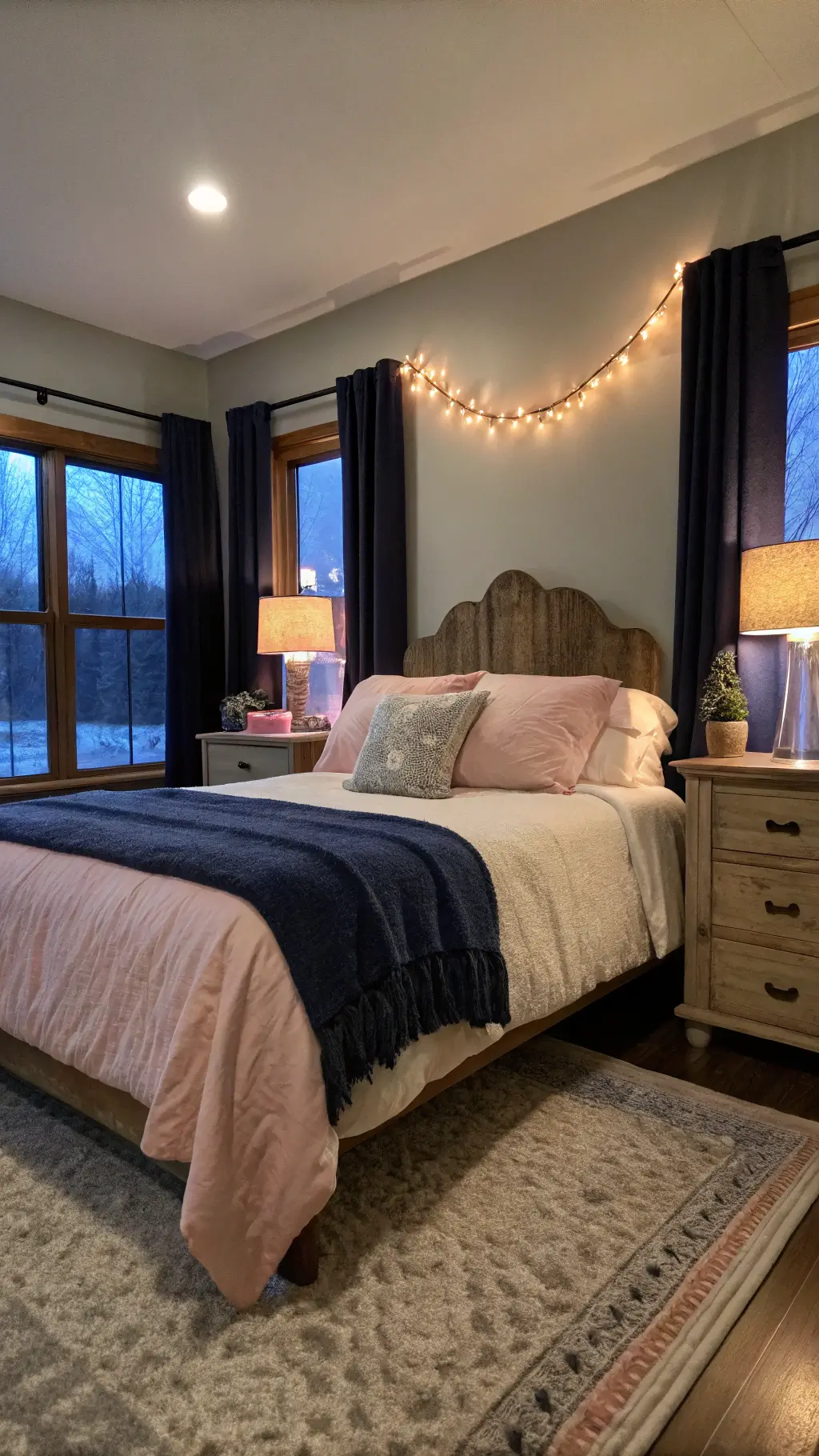Low-angle view of a cozy bedroom at dusk, featuring a queen bed with navy and blush linens. Twinkle lights wrapped around an aged brass headboard cast a warm glow. Blackout curtains in deep navy frame tall windows, slightly parted to reveal purple-blue twilight. Weathered oak bedside tables hold ceramic lamps with linen shades, enhancing the atmospheric lighting.