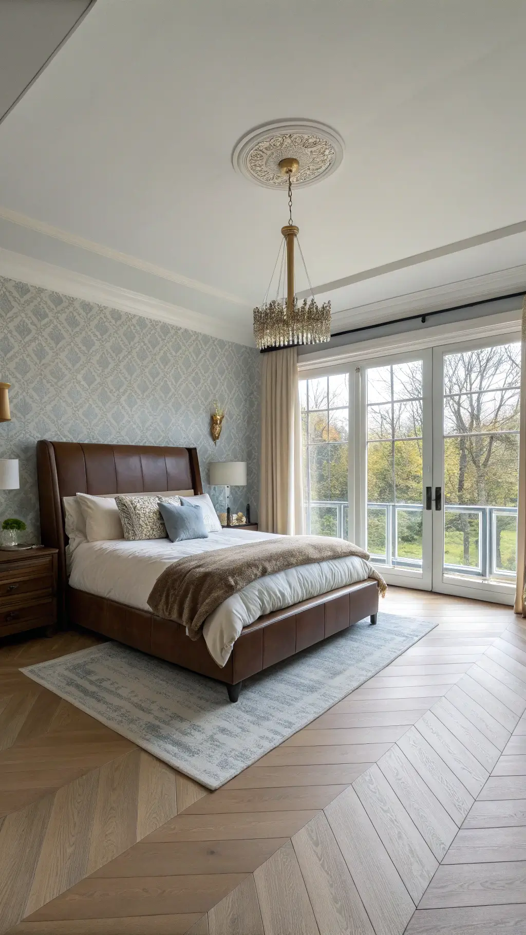 Main bedroom with white oak herringbone floors, a statement bed with a chocolate brown leather headboard, and a dusty blue accent wall. Beige grasscloth wallpaper and asymmetrical brass pendants add texture. Morning light streams through floor-to-ceiling windows, highlighting the serene, modern design.